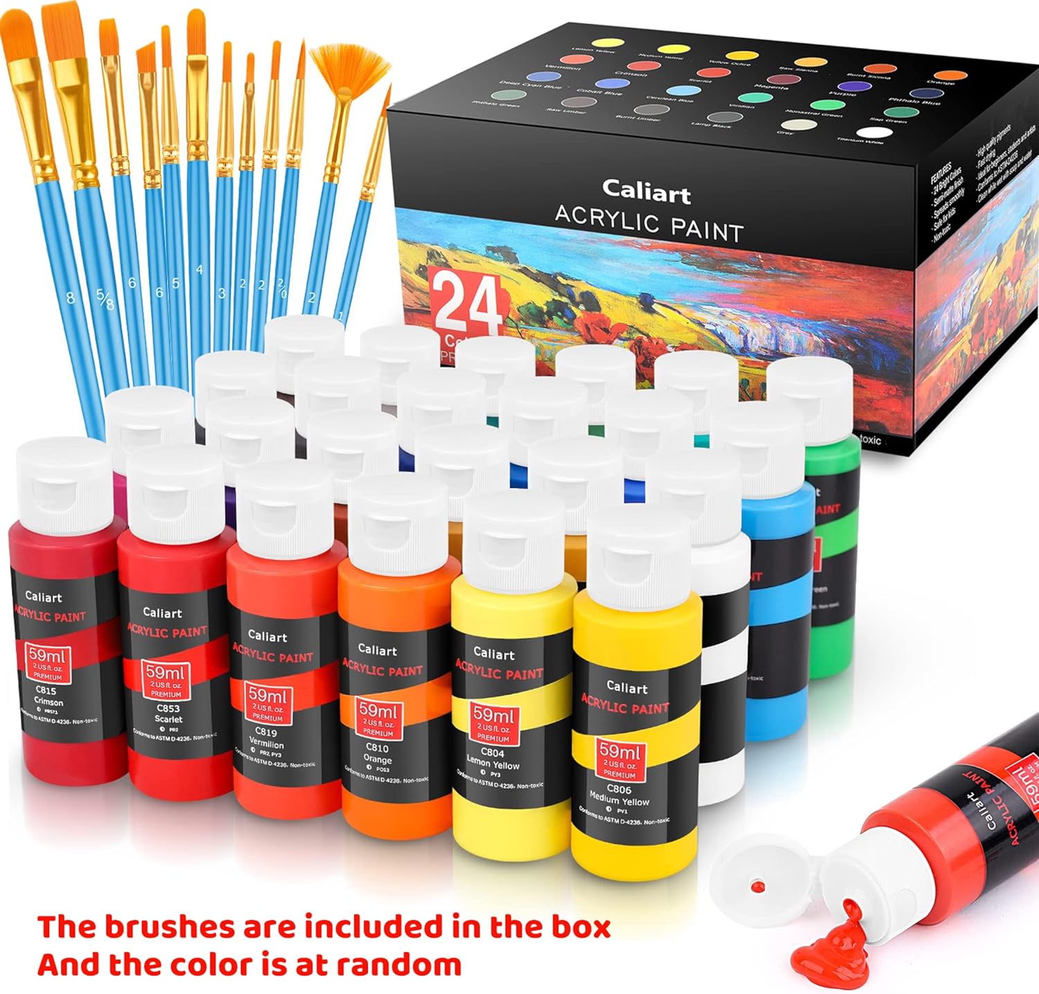 Shows the complete contents of the acrylic paint set, including 24 paint colors and a set of brushes, to highlight the value and comprehensiveness of the kit.