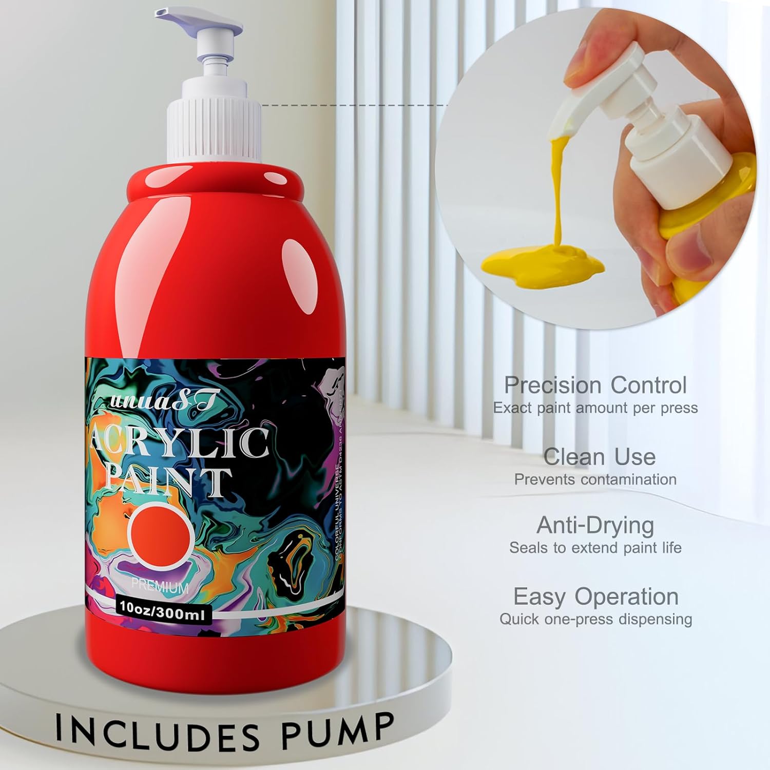Highlights multiple benefits of the paint dispenser design, emphasizing precise dispensing, cleanliness, paint preservation, and ease of use.