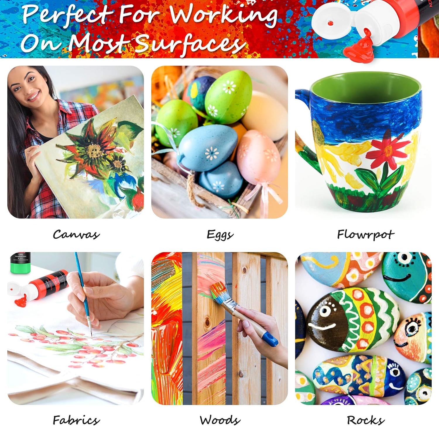 Demonstrates the wide range of surfaces and materials the product can be used on, showcasing its versatility for various creative projects.