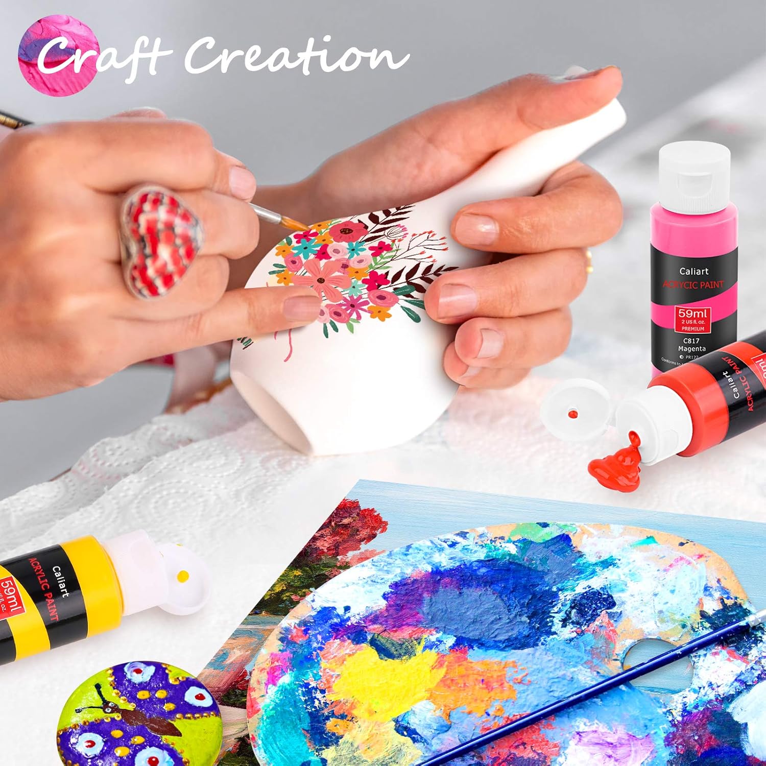 Demonstrates how to create detailed floral designs using acrylic paints, encouraging customers to engage in craft projects. Shows various applications of the paint set, including rock painting and…