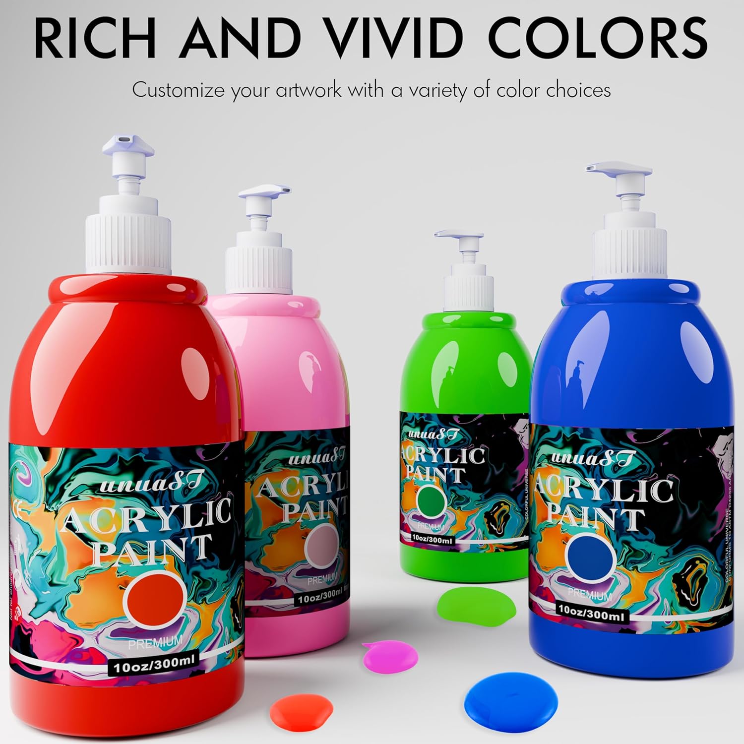 Highlights the wide range of vibrant color options available for the acrylic paint product, appealing to artists and crafters who value customization.