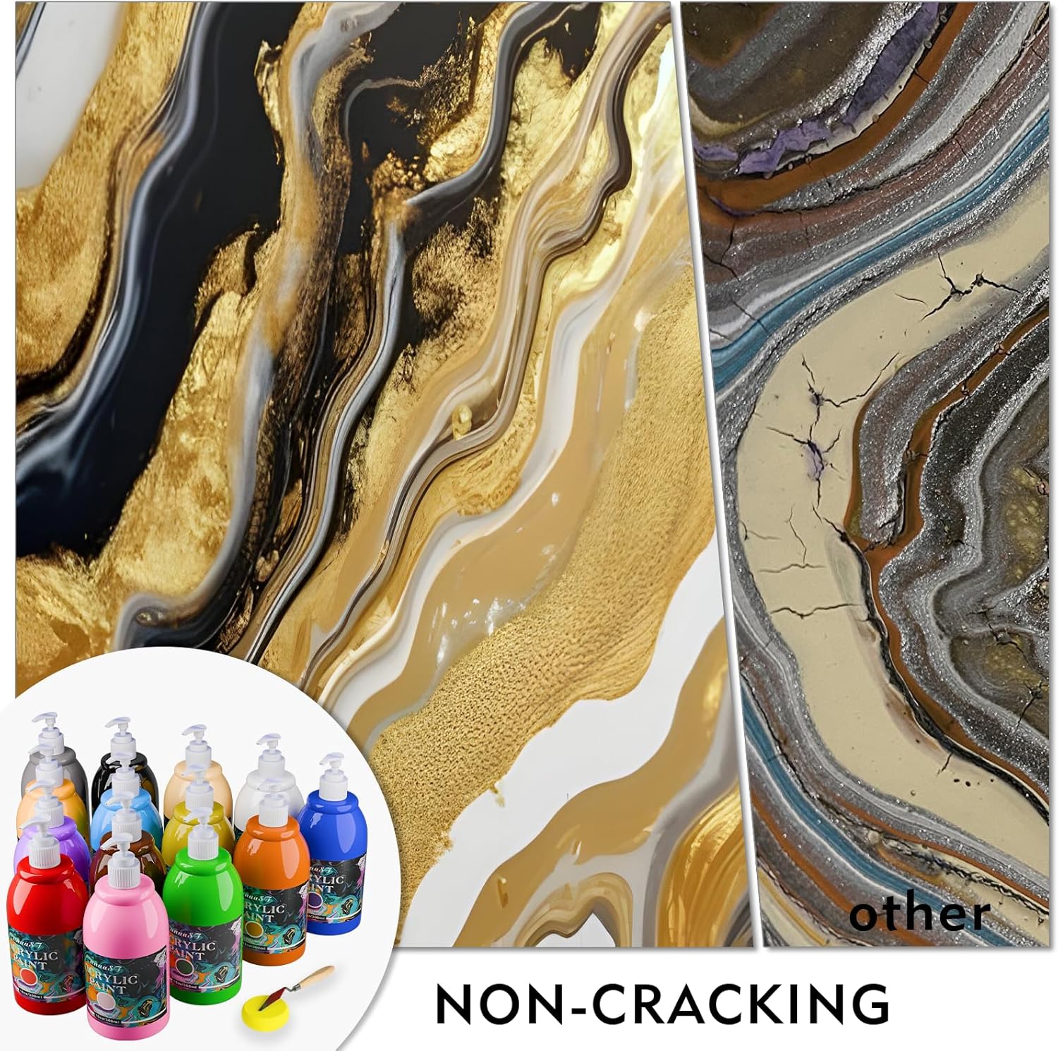 Highlights the non-cracking property of the acrylic paint, demonstrating its durability and quality compared to other paints.