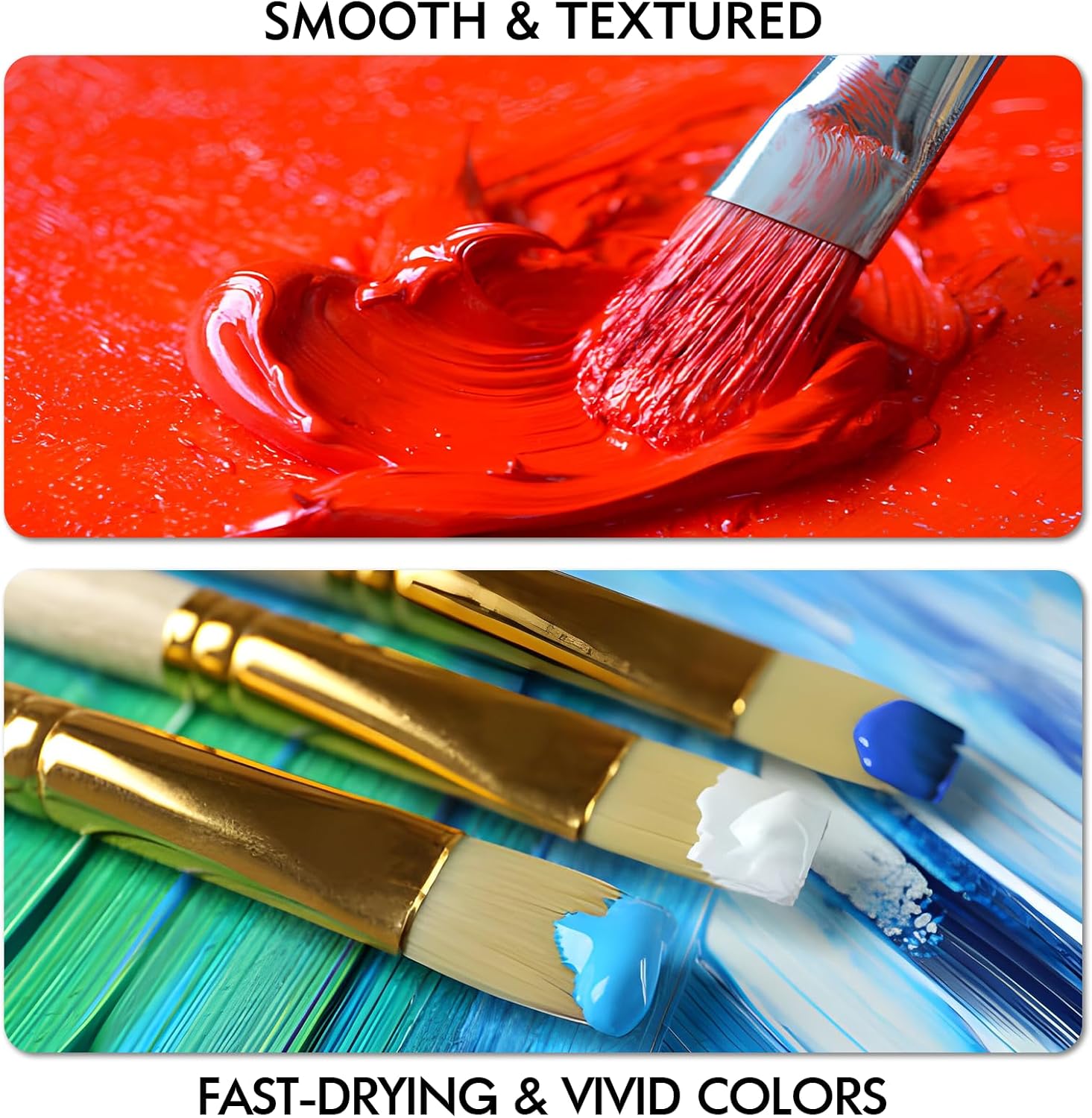 Demonstrates the smooth and textured qualities of the paint, as well as its fast-drying properties and vivid color payoff.