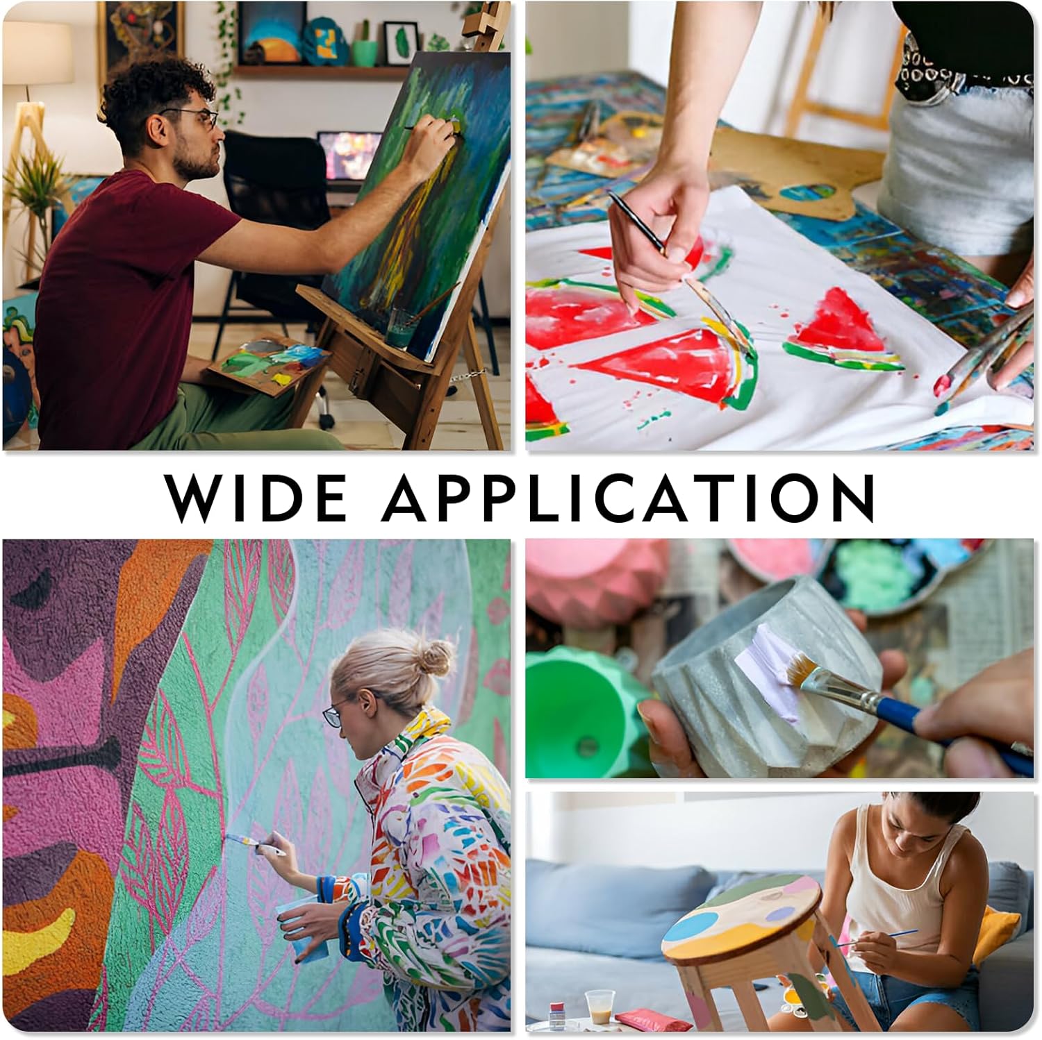 Showcases the wide range of artistic applications and mediums that can be used with the product, from canvas painting to watercolors to mural art.