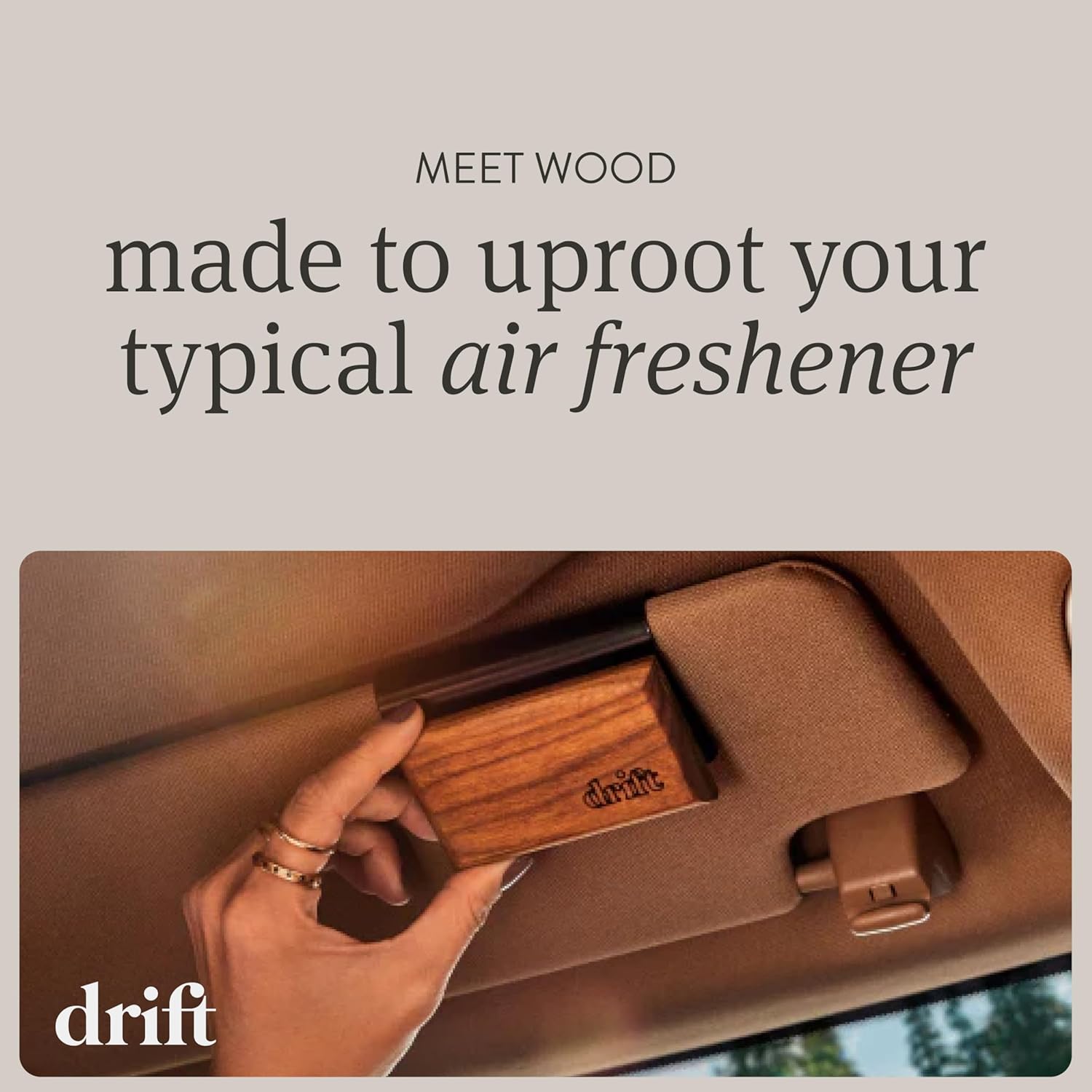 Highlights the unique wooden design of the air freshener, positioning it as a premium alternative to typical car air fresheners.