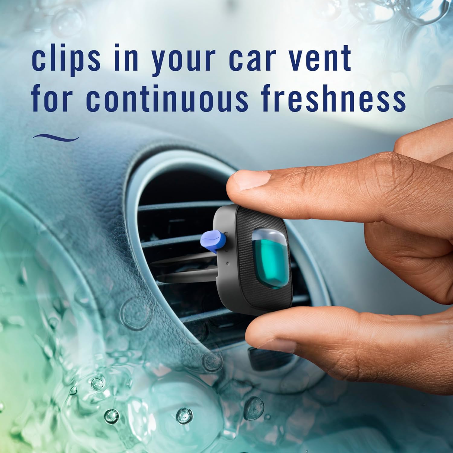 Demonstrates how the product clips into a car vent to provide continuous air freshening.