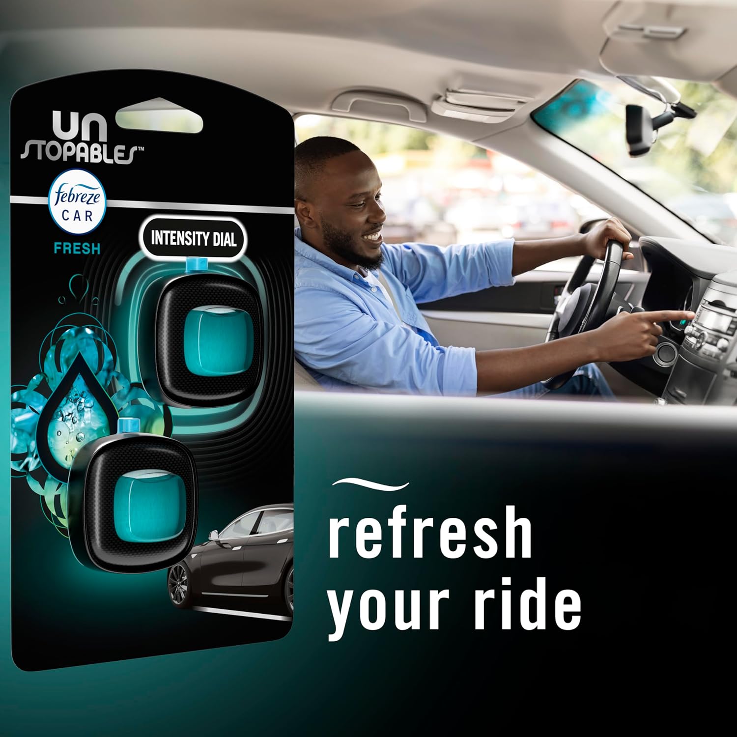 Single feature graphic which shows the product in action and a general message about having a fresh ride, shows in use in a car. Also shows packaging. 
