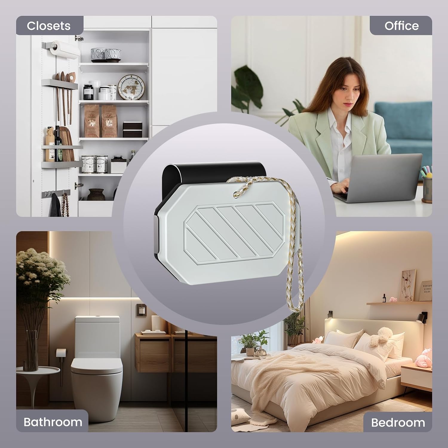 Demonstrates the product's versatility by showing its application in multiple areas of the home, including closets, office, bathroom, and bedroom.