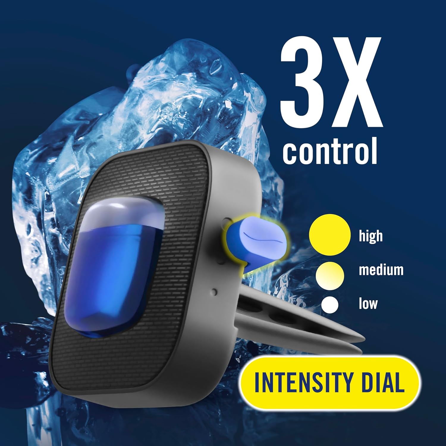 Highlights the product's 3X control feature with an intensity dial, allowing users to customize their experience.