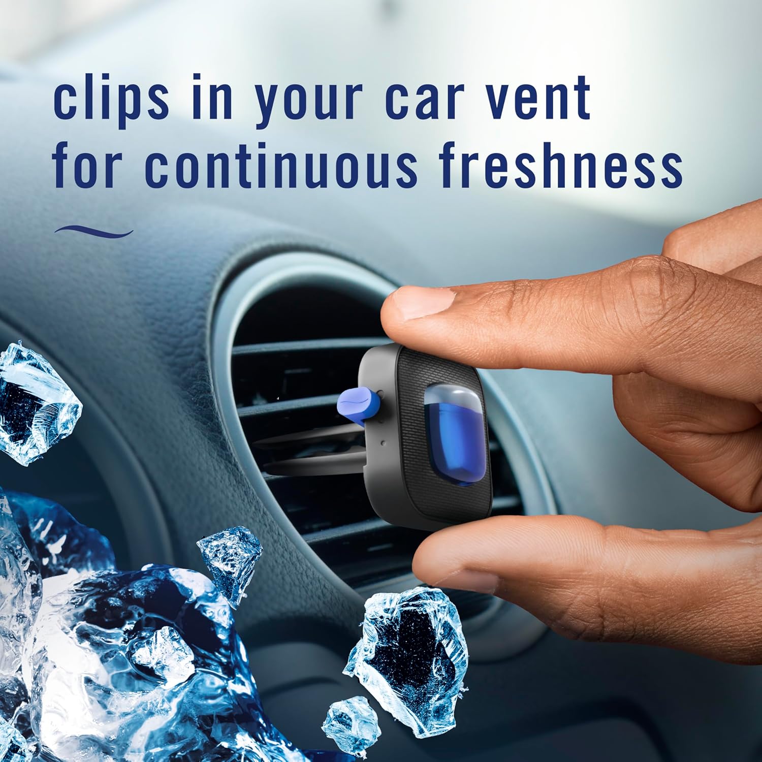 Demonstrates how the product clips into a car vent to provide continuous air freshening.