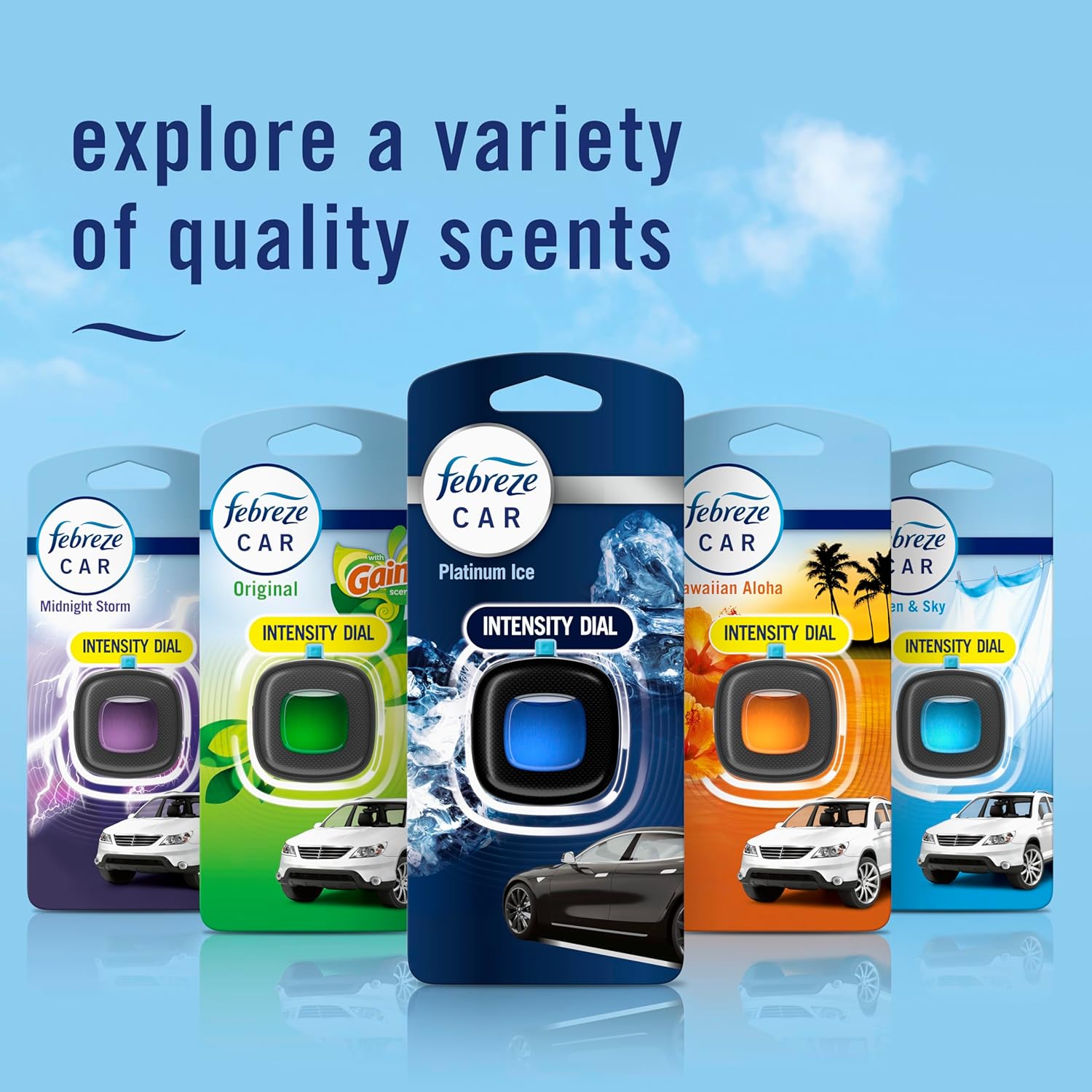 Showcases the variety of car air freshener scents available, allowing customers to choose their preferred fragrance. Shows the entire product lineup and vairations from the brand. 