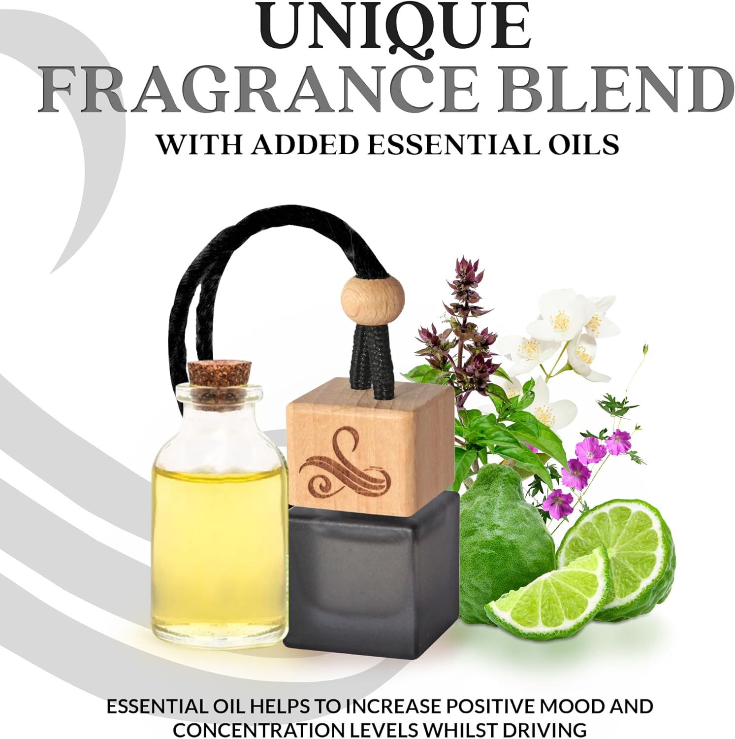 Highlights the product's unique fragrance blend featuring essential oils, emphasizing its mood-enhancing and concentration-improving benefits for drivers.