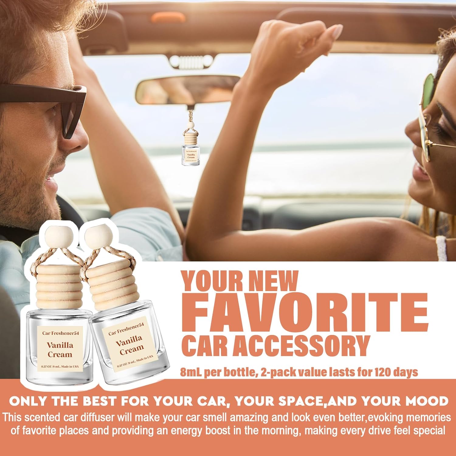 Demonstrates how the car freshener improves the driving experience by creating a pleasant atmosphere and evoking positive memories. Highlights the product's long-lasting fragrance, emphasizing its…