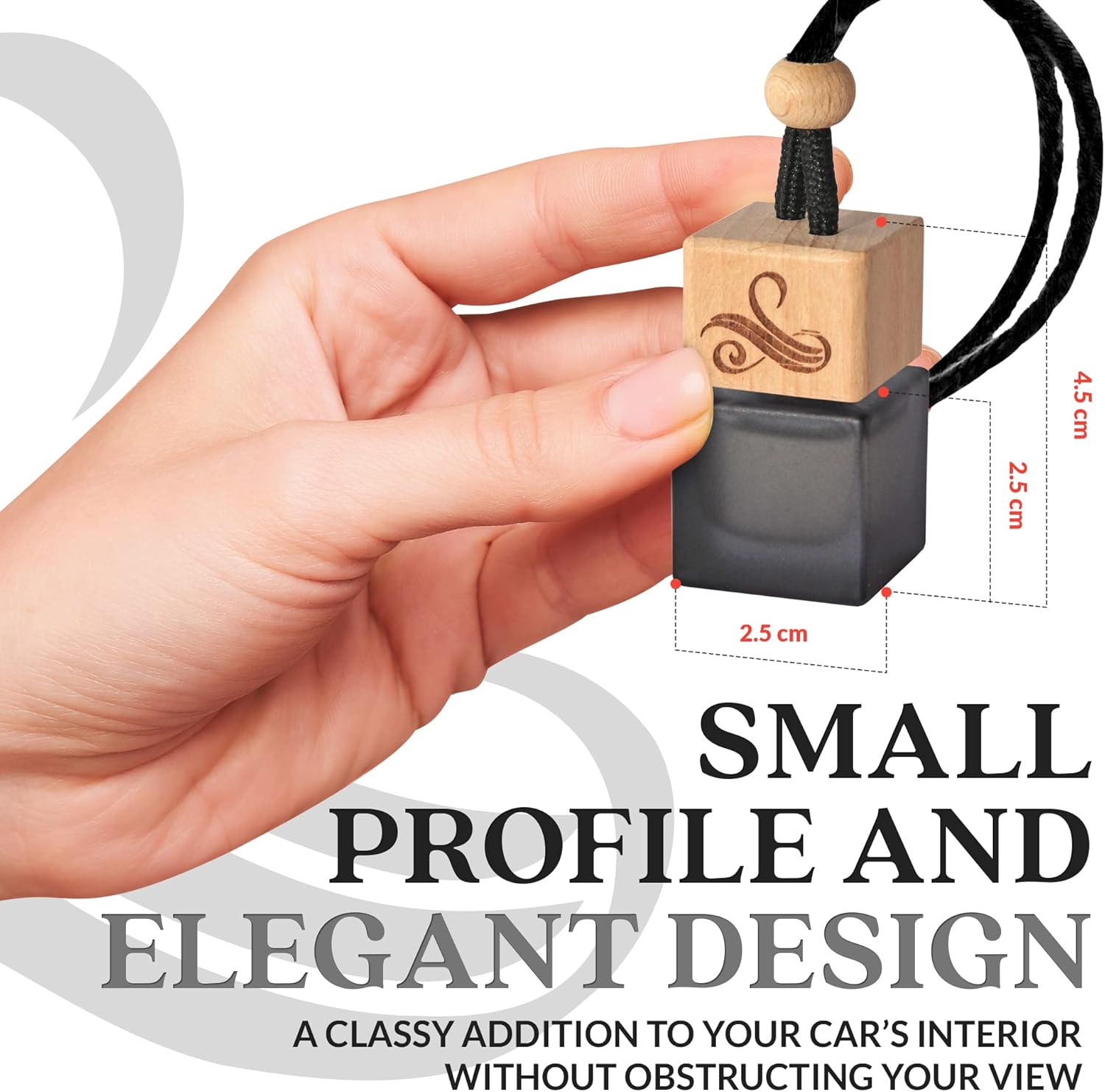 Demonstrates the small size and elegant profile of the product to show it won't obstruct view when used in a car. Highlights the product's classy and elegant design as a key selling point for car…