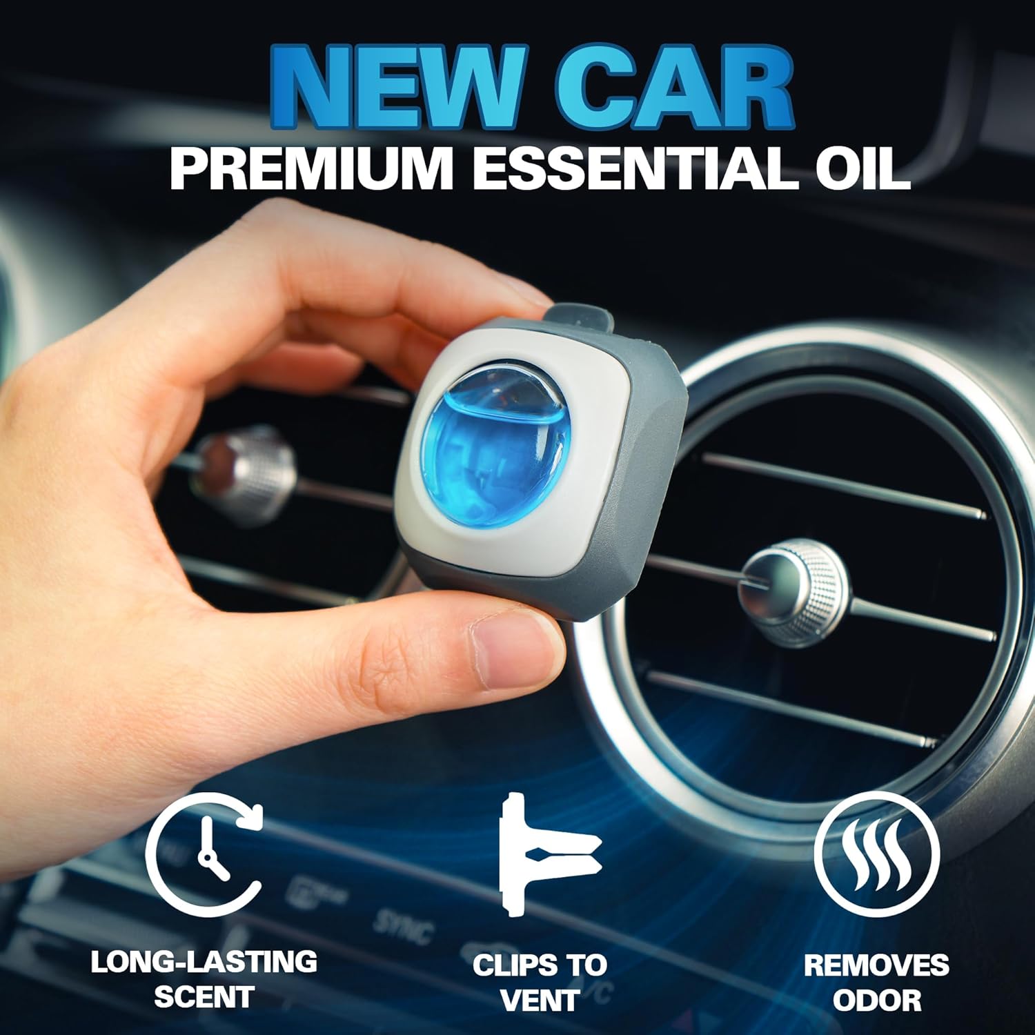 Highlights multiple benefits of the car air freshener to show its effectiveness and convenience.