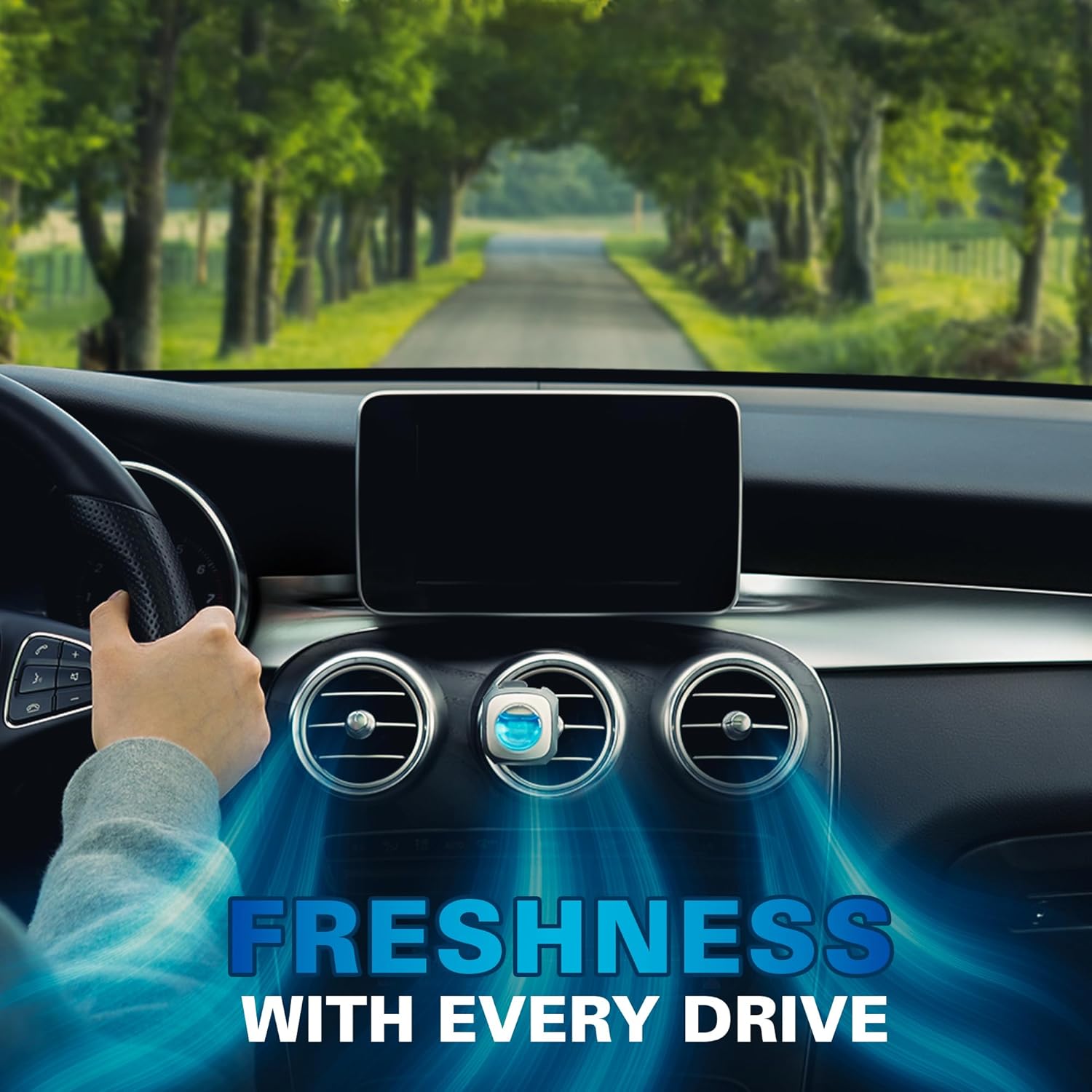 Highlights the product's ability to provide freshness while driving, emphasizing the benefit of a pleasant in-car experience.