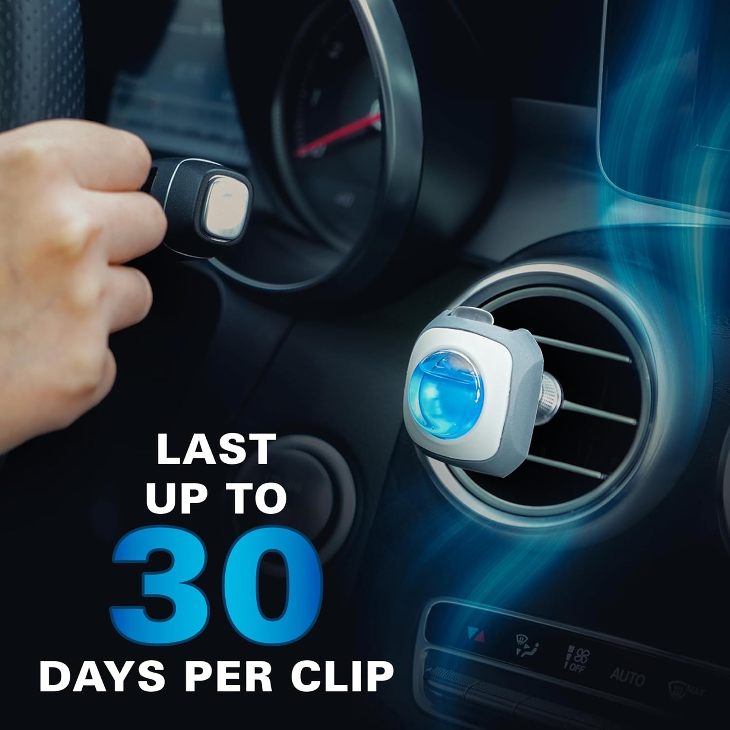 Highlights the product's ability to provide a long-lasting fragrance in a car for up to 30 days per clip.