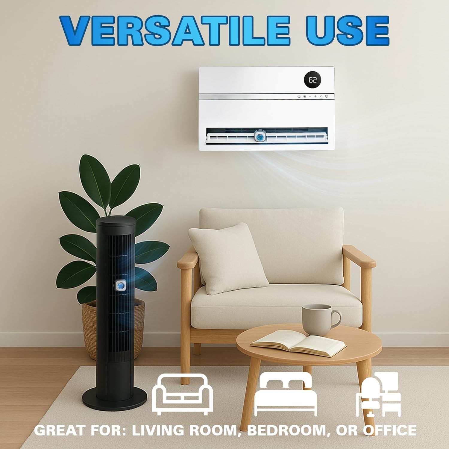 Demonstrates the product's versatility by showing it can be used effectively in multiple rooms of a home or office.