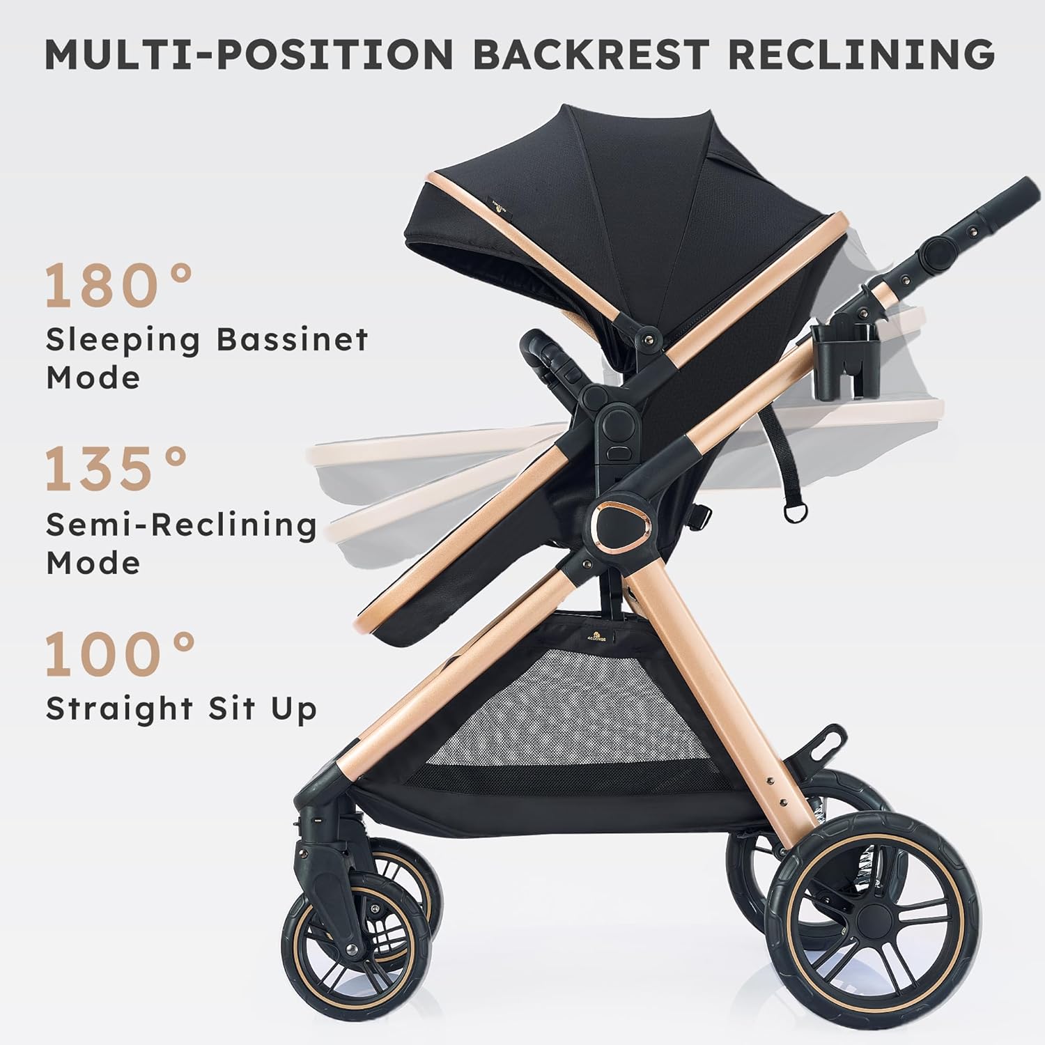 Demonstrates the stroller's versatility with multiple reclining positions to accommodate different needs of the baby.