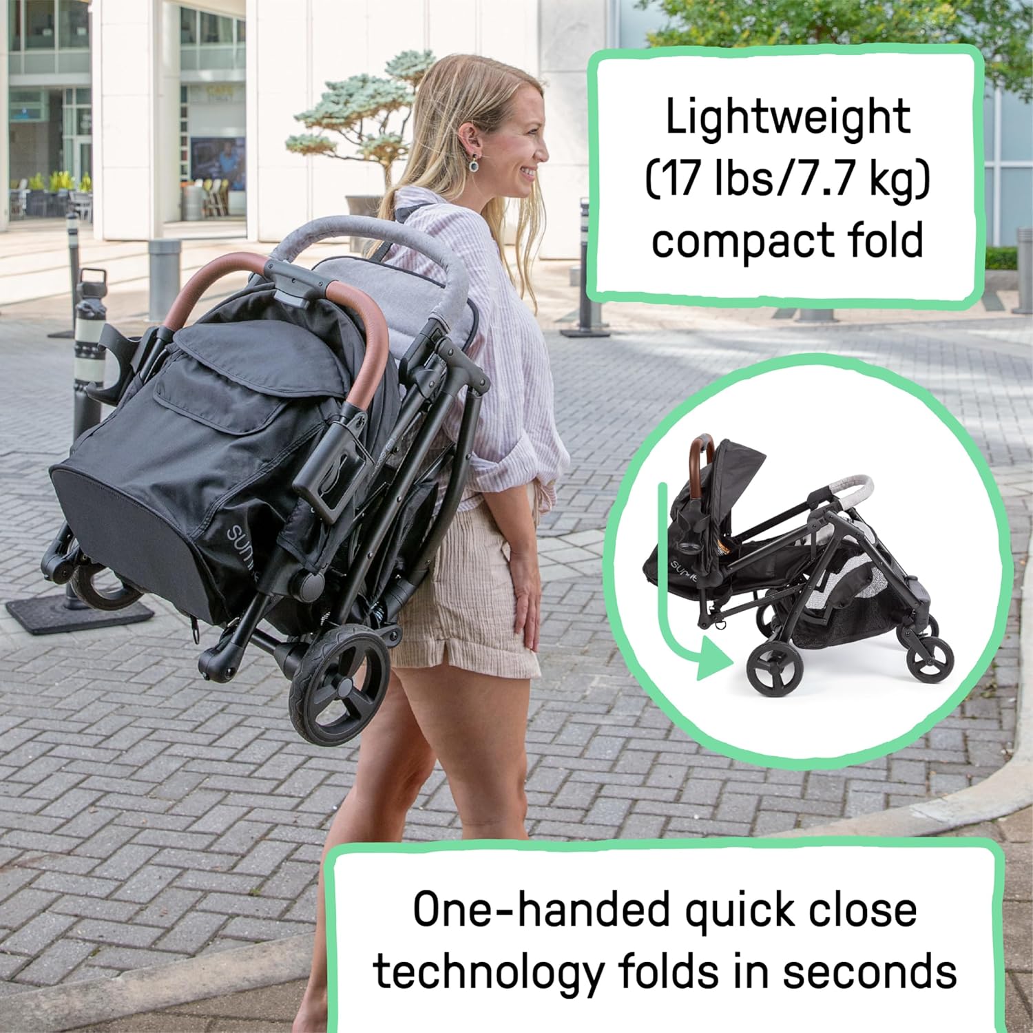 Highlights the stroller's lightweight design, compact folding ability, and easy one-handed closing mechanism to appeal to parents looking for a convenient and portable option.