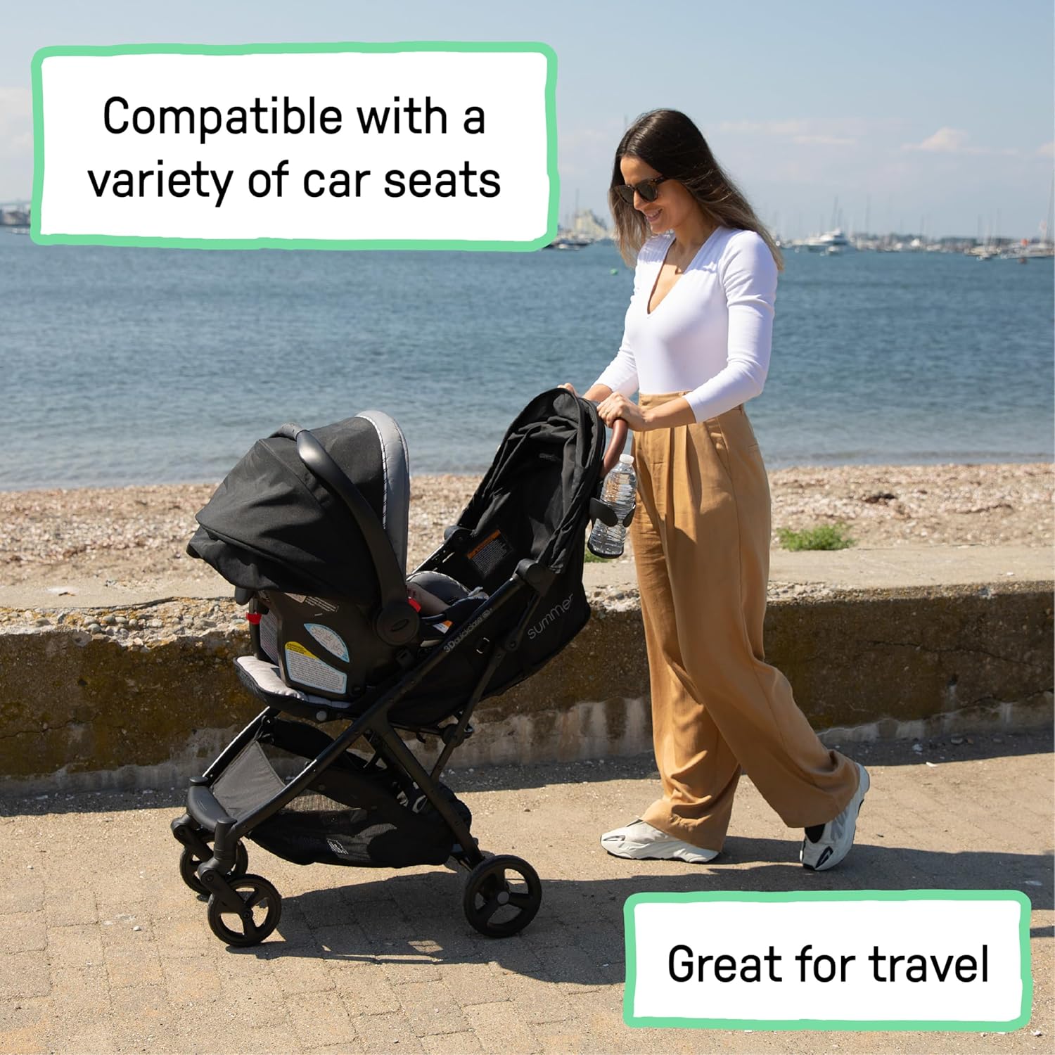 Highlights that the stroller is compatible with various car seats, making it versatile for different vehicles and travel needs. Demonstrates the stroller's suitability for travel, showing its use in…