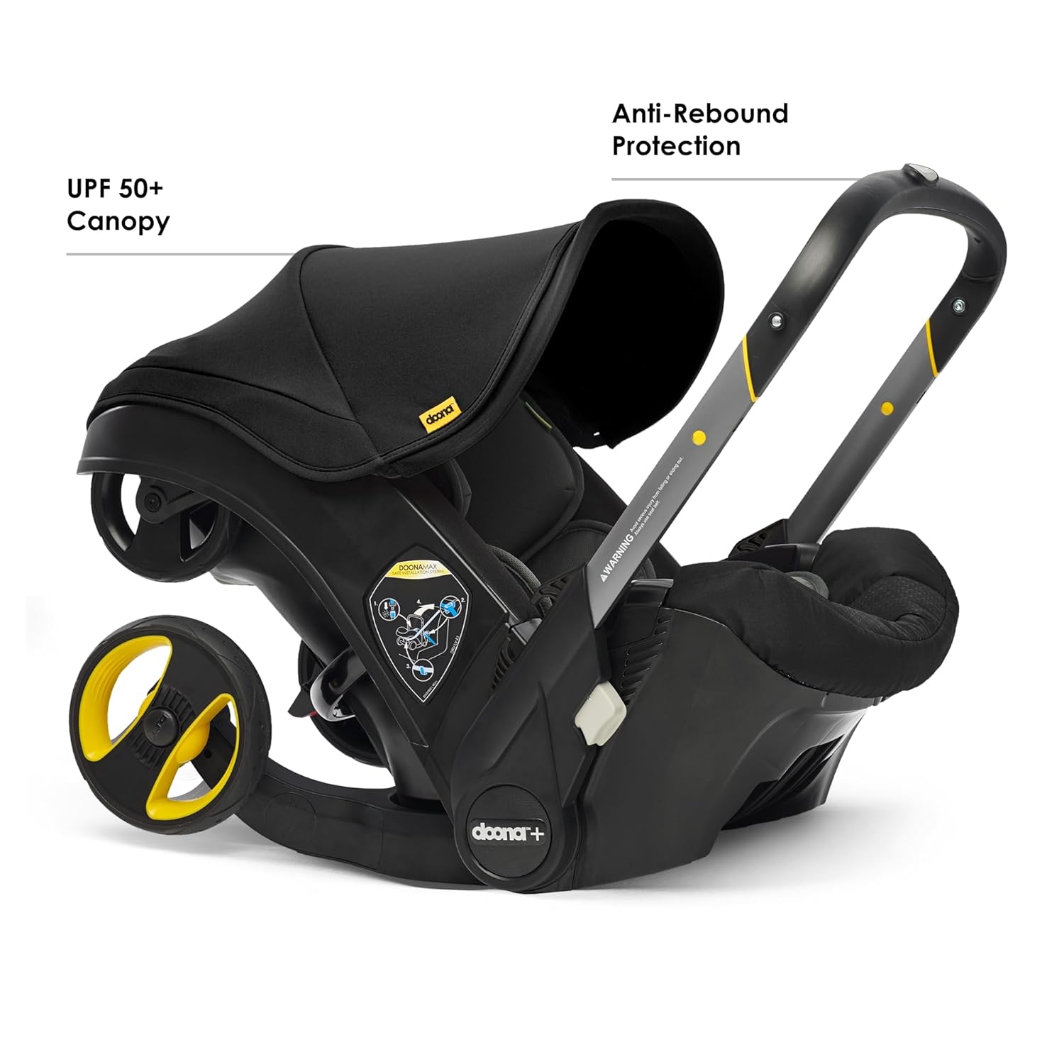 Highlights multiple safety features of the car seat to reassure parents about sun protection and impact safety for their child.