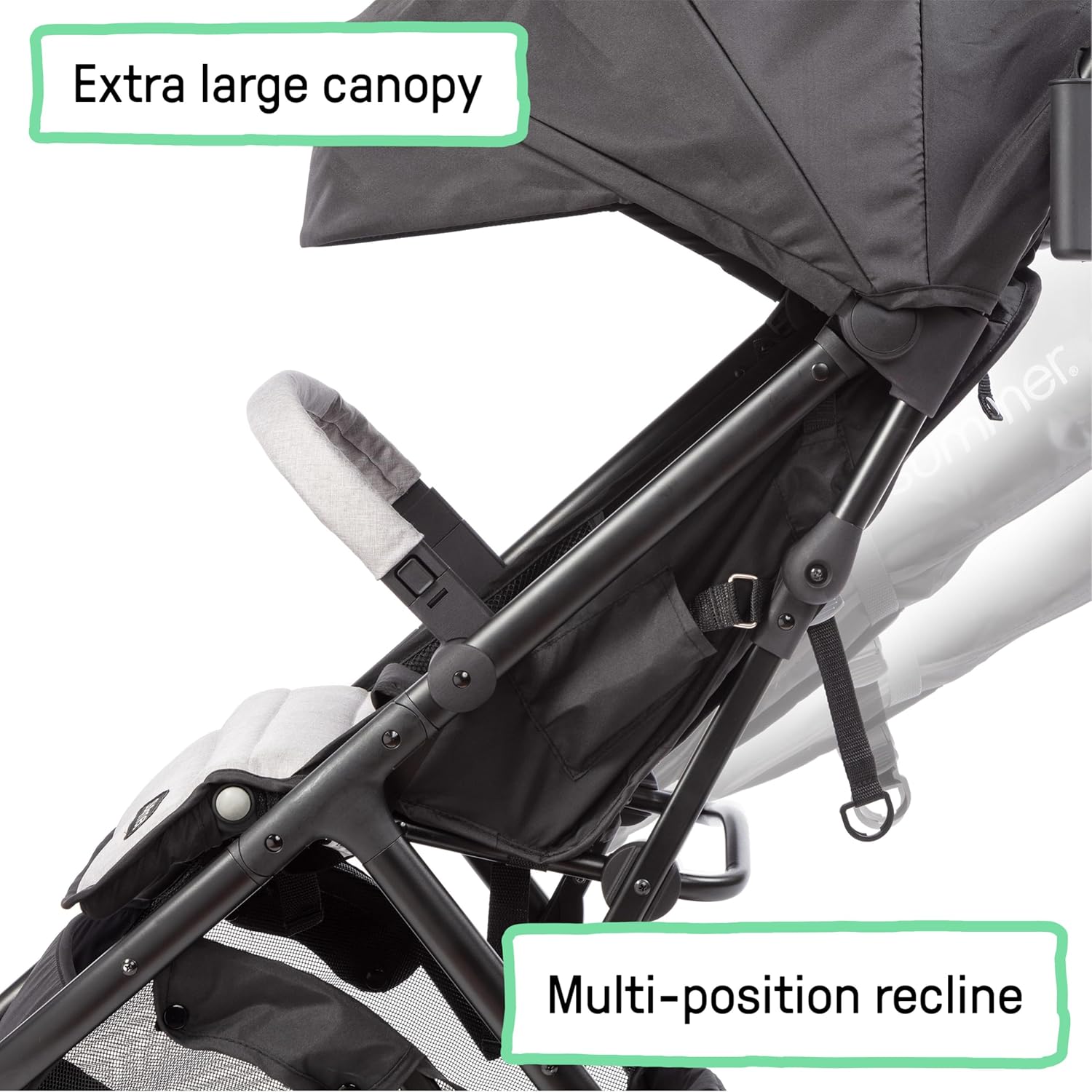 Highlights two key comfort features of the stroller to show its versatility and convenience for parents and babies.