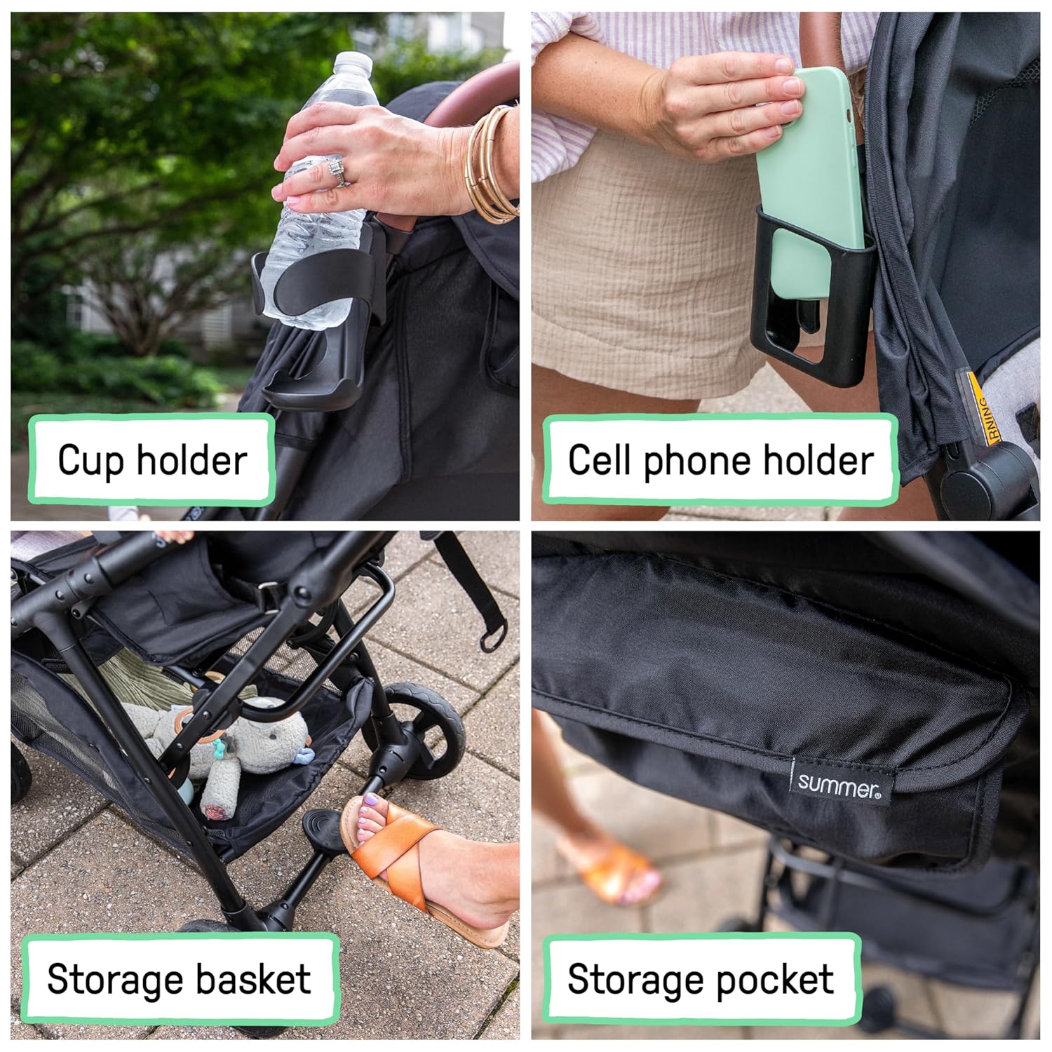 Showcases multiple convenient features of the stroller, highlighting its practicality and storage options for parents on the go.