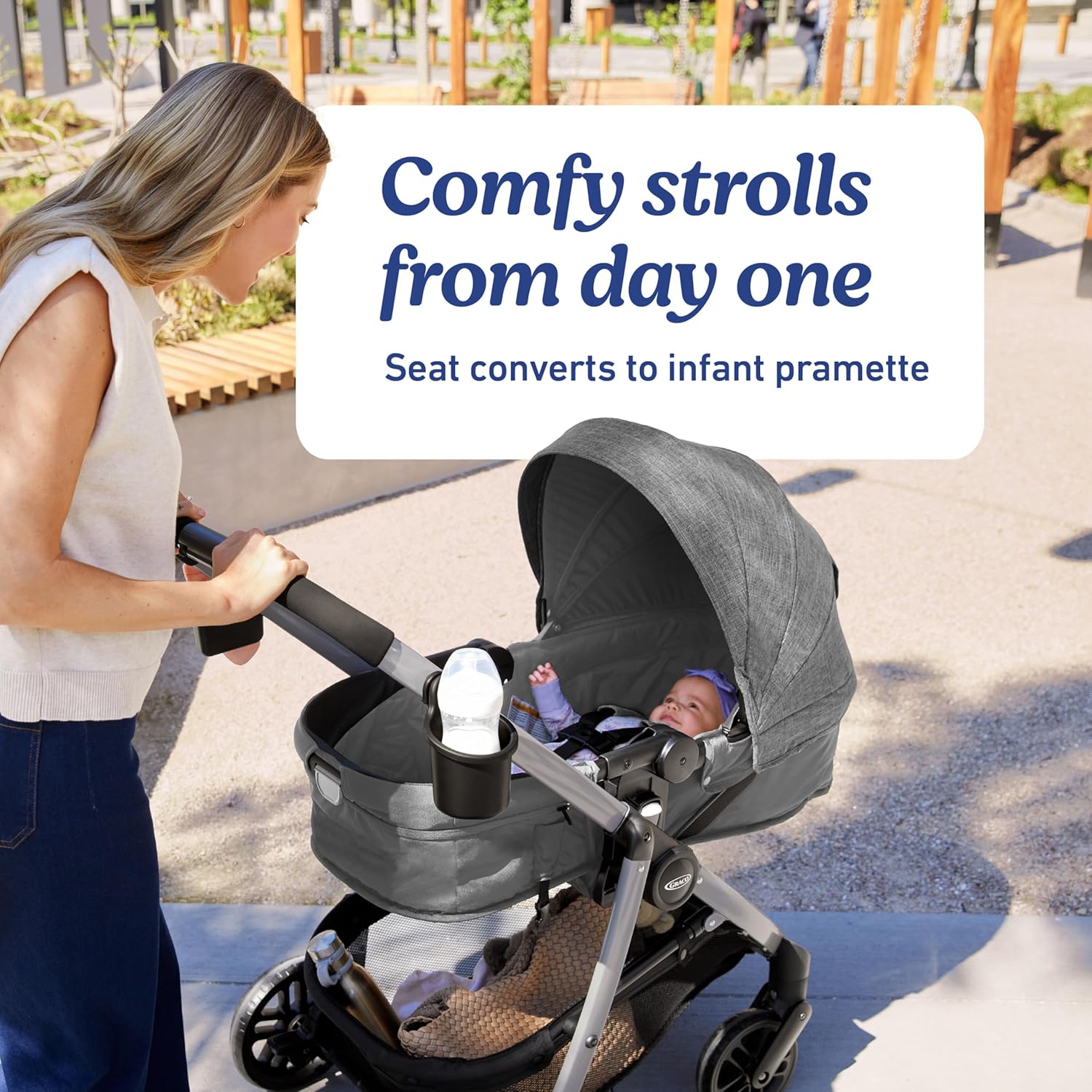 Highlights the stroller's ability to convert to an infant pramette, emphasizing comfort and versatility from birth.