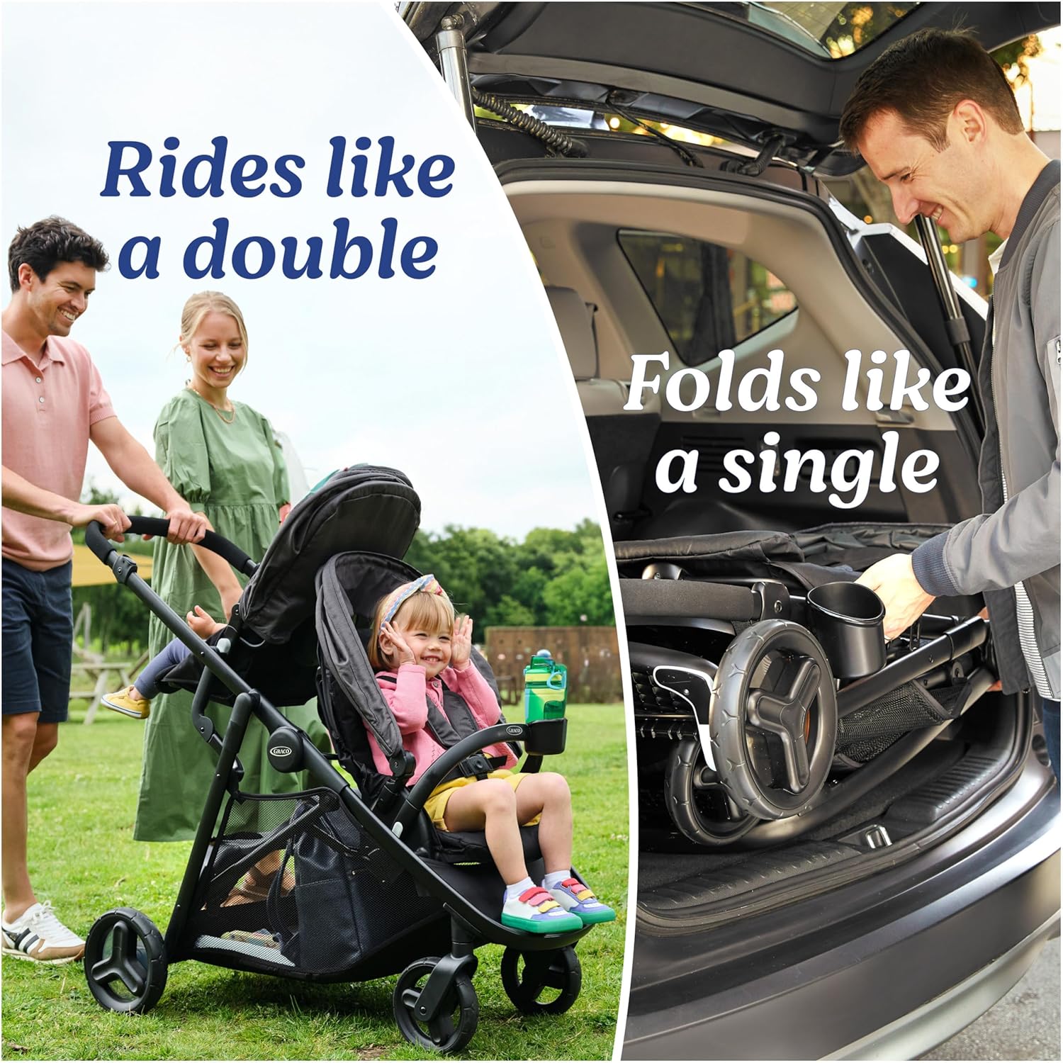 Highlights the stroller's ability to accommodate multiple children while still being easy to transport and store.
