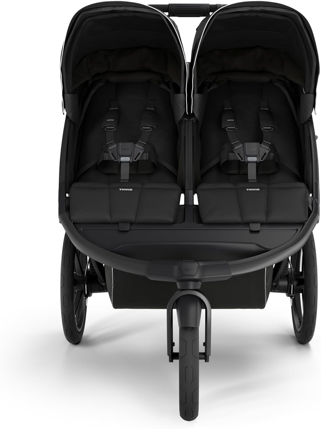 Shows the complete double stroller product, highlighting its side-by-side seating configuration and overall design.