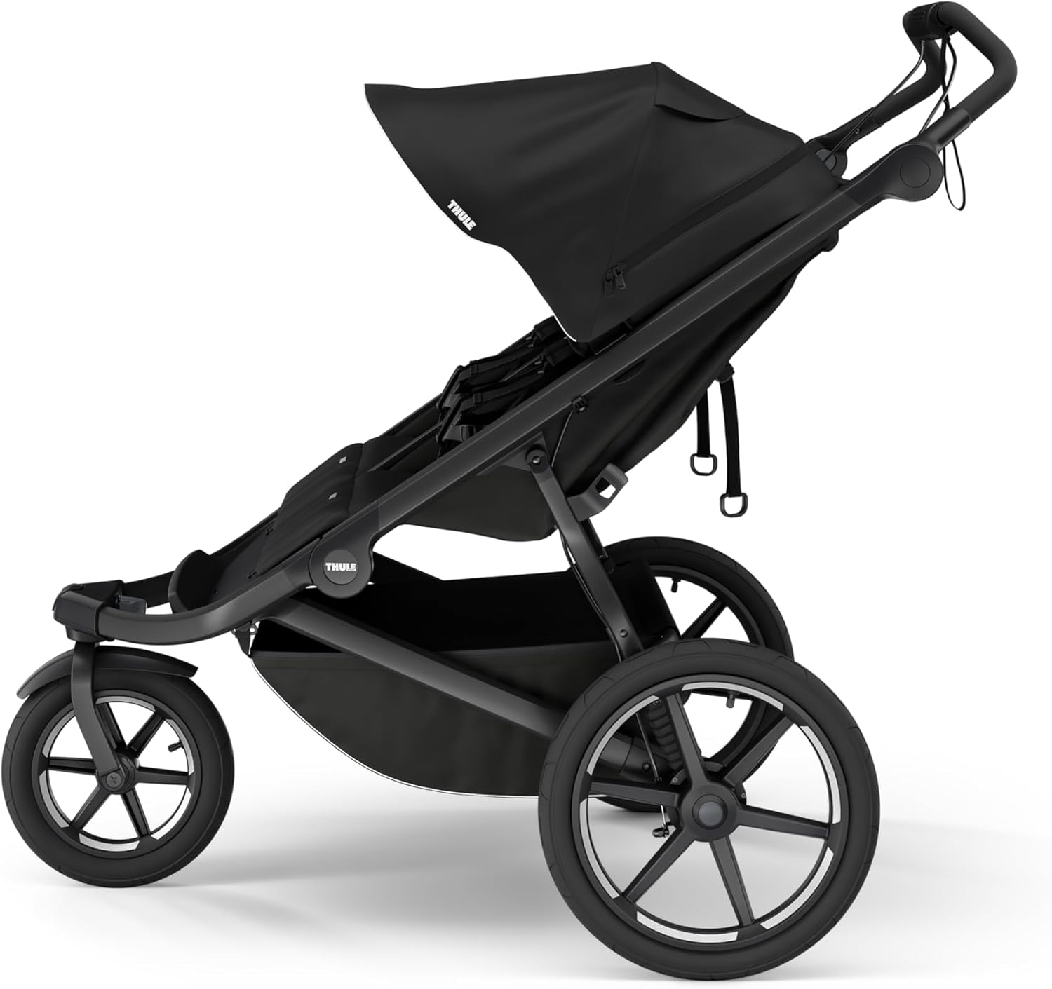 Showcases the stroller's sleek design and all-terrain capabilities, emphasizing its suitability for active parents.