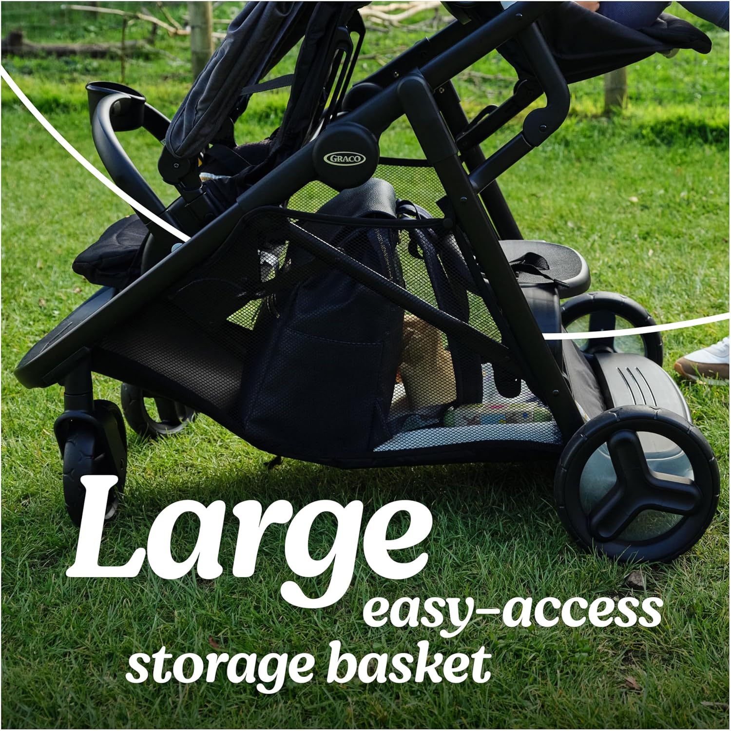 Highlights the stroller's spacious and easily accessible storage basket, emphasizing convenience for parents.
