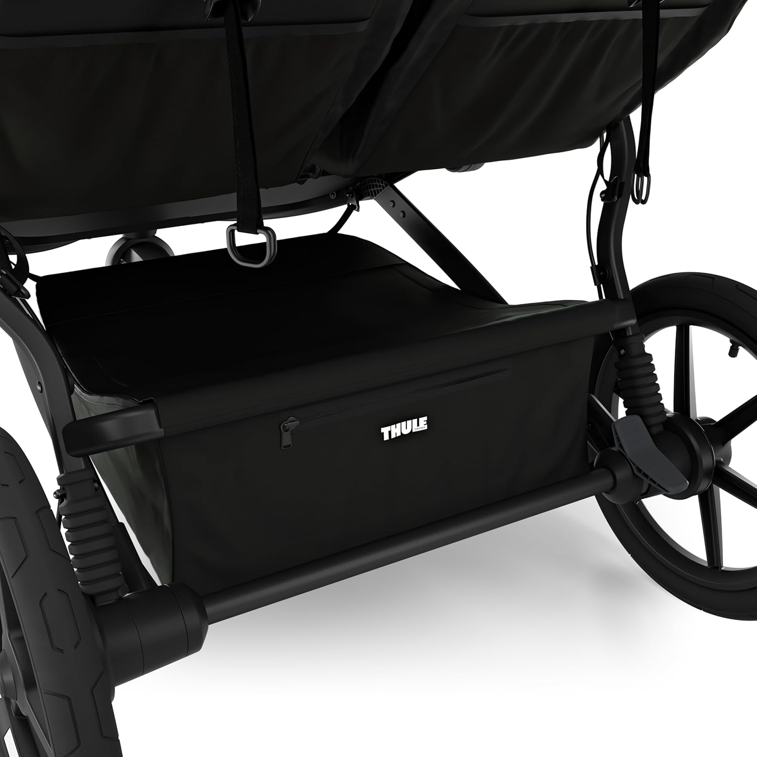 Highlights the included storage basket accessory, showing shoppers the additional storage capacity of the stroller.