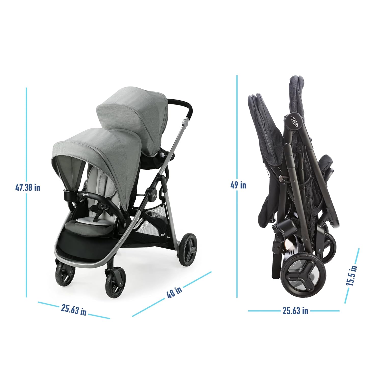 Provides exact measurements of the stroller when in use and when folded to help shoppers understand its size and storage requirements.