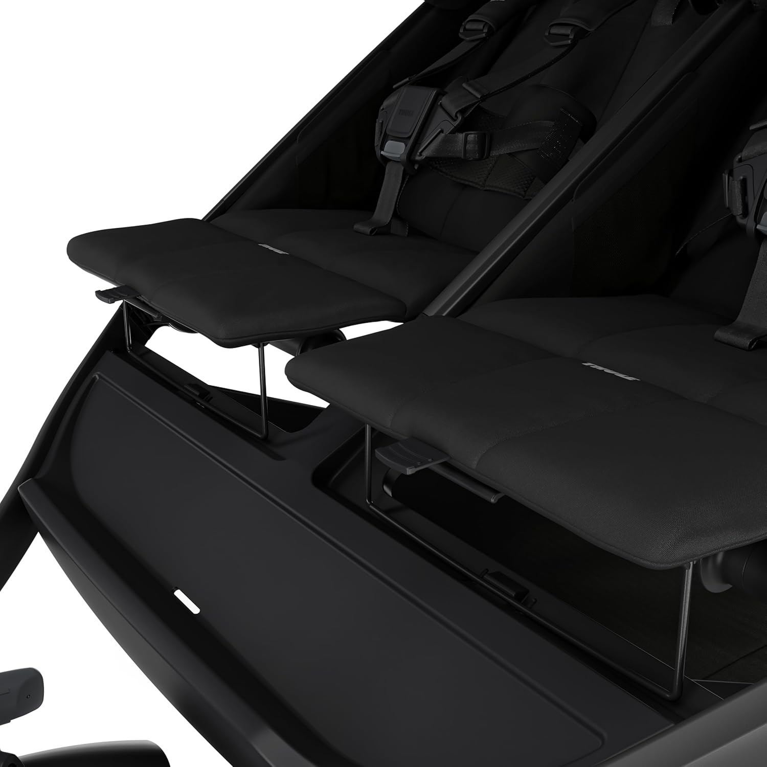 Highlights the adjustable footrest feature of the stroller, showing how it can be customized for comfort.