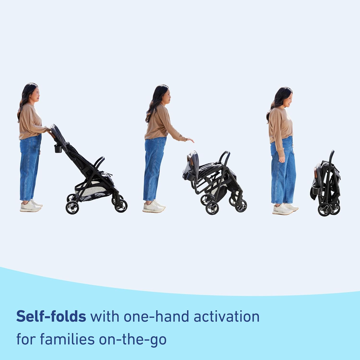 Demonstrates the easy folding process of the stroller, emphasizing its convenience for parents on-the-go. Highlights the stroller's self-folding feature, showcasing its ease of use for busy families.