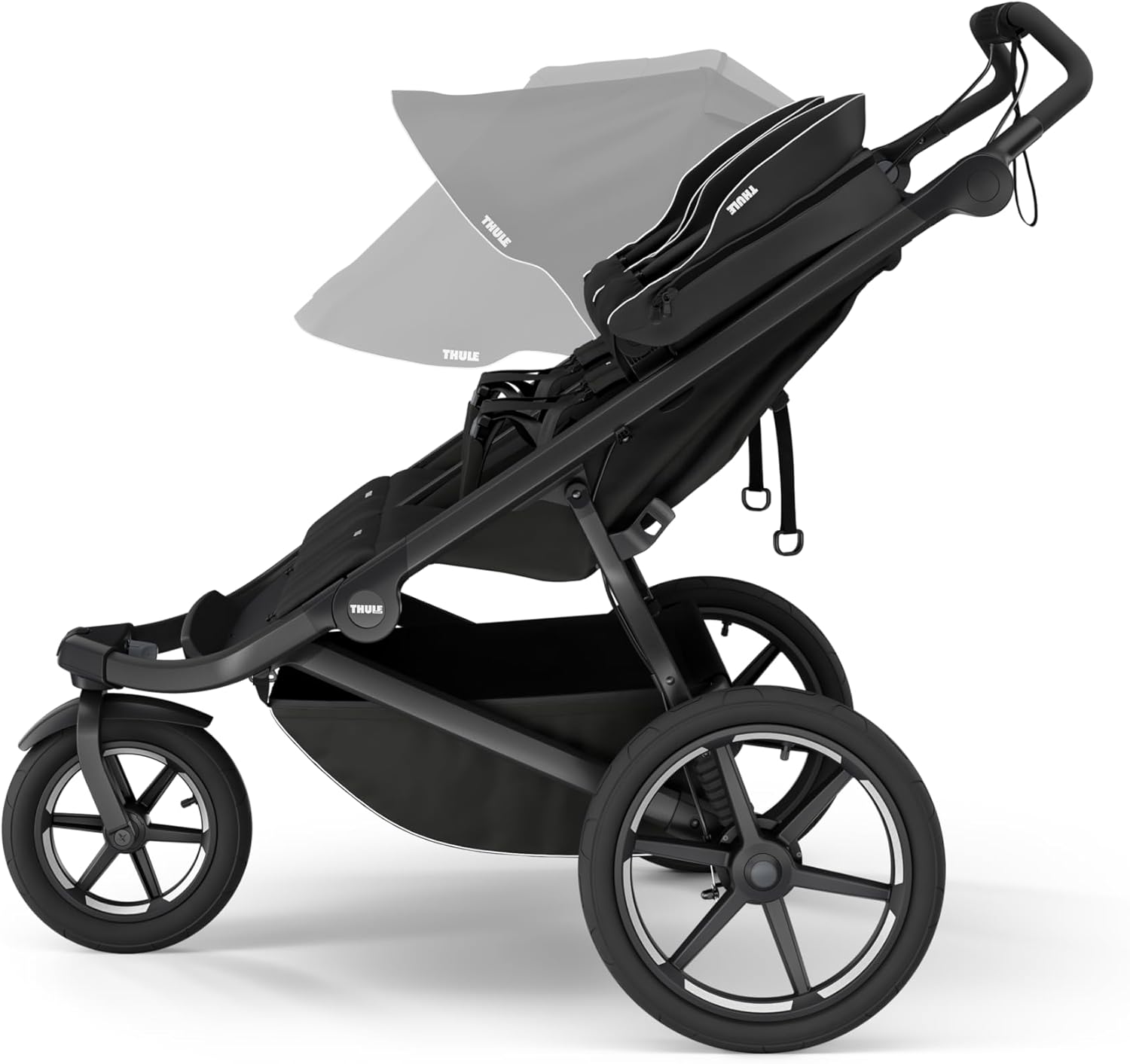 Demonstrates the stroller's adjustable canopy feature, showing how it can be positioned to provide shade and protection for the child.