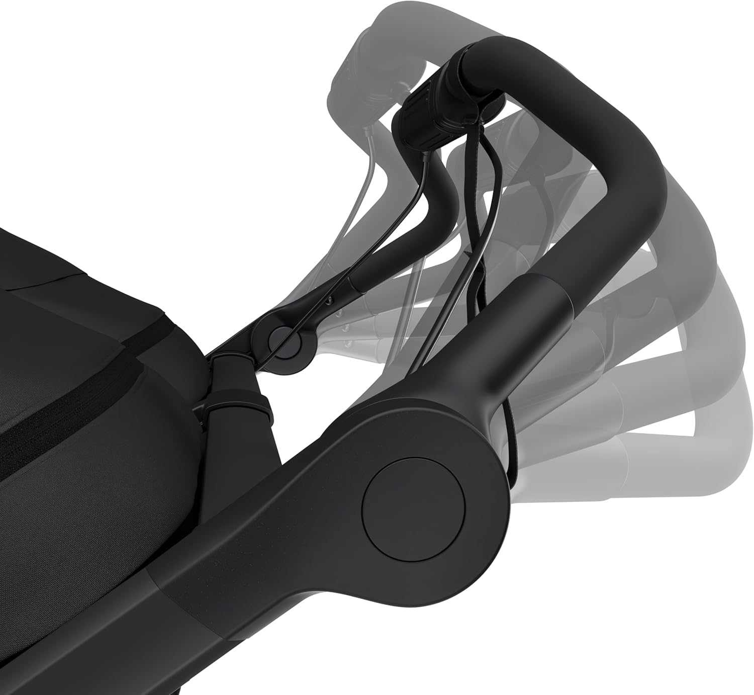 Demonstrates the adjustable handle feature of the stroller, showing how it can be positioned at different angles for user comfort.