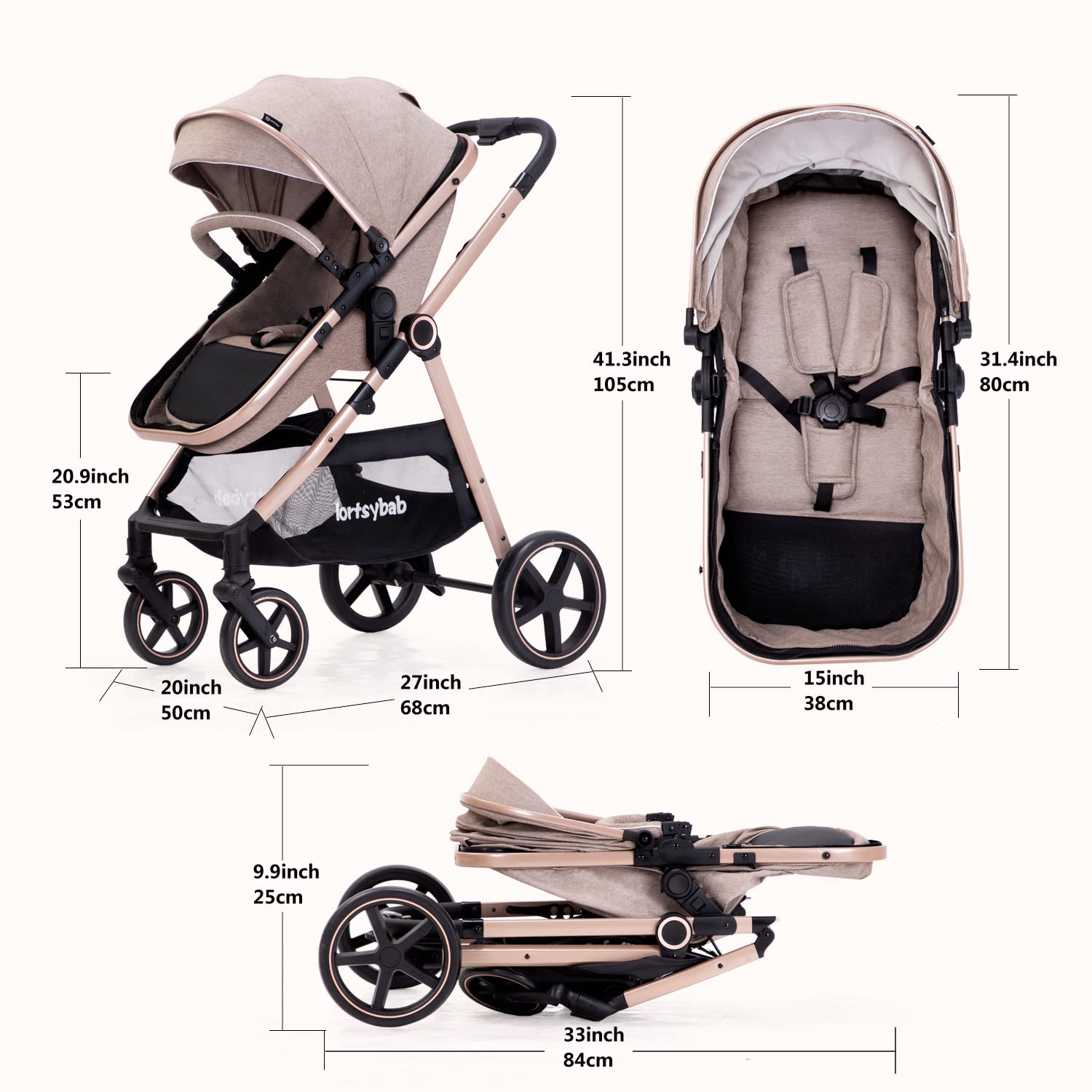 Provides exact measurements of the stroller in different configurations to help shoppers understand its size and fit.