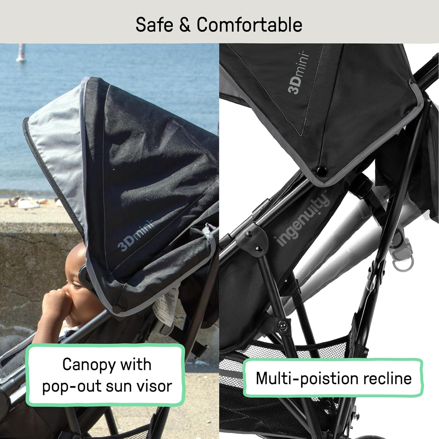 Highlights the stroller's safety and comfort features, specifically the canopy with sun visor and multi-position recline, to reassure parents about their child's well-being during use.
