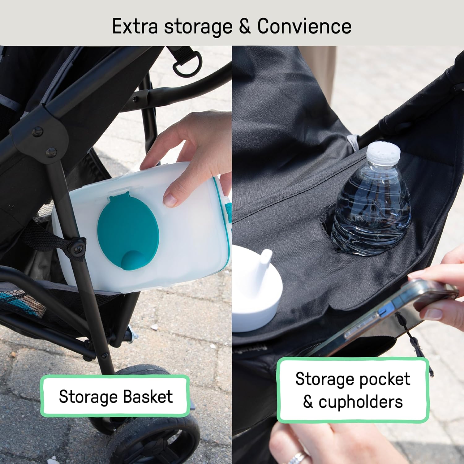 Highlights multiple storage and convenience features of the stroller to show its practicality for parents on-the-go.