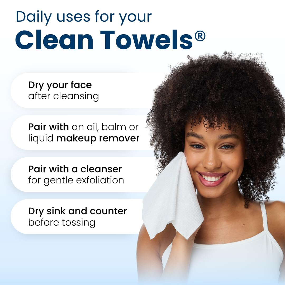 Demonstrates multiple uses for Clean Towels in a skincare and cleaning routine, highlighting versatility and value to potential customers.