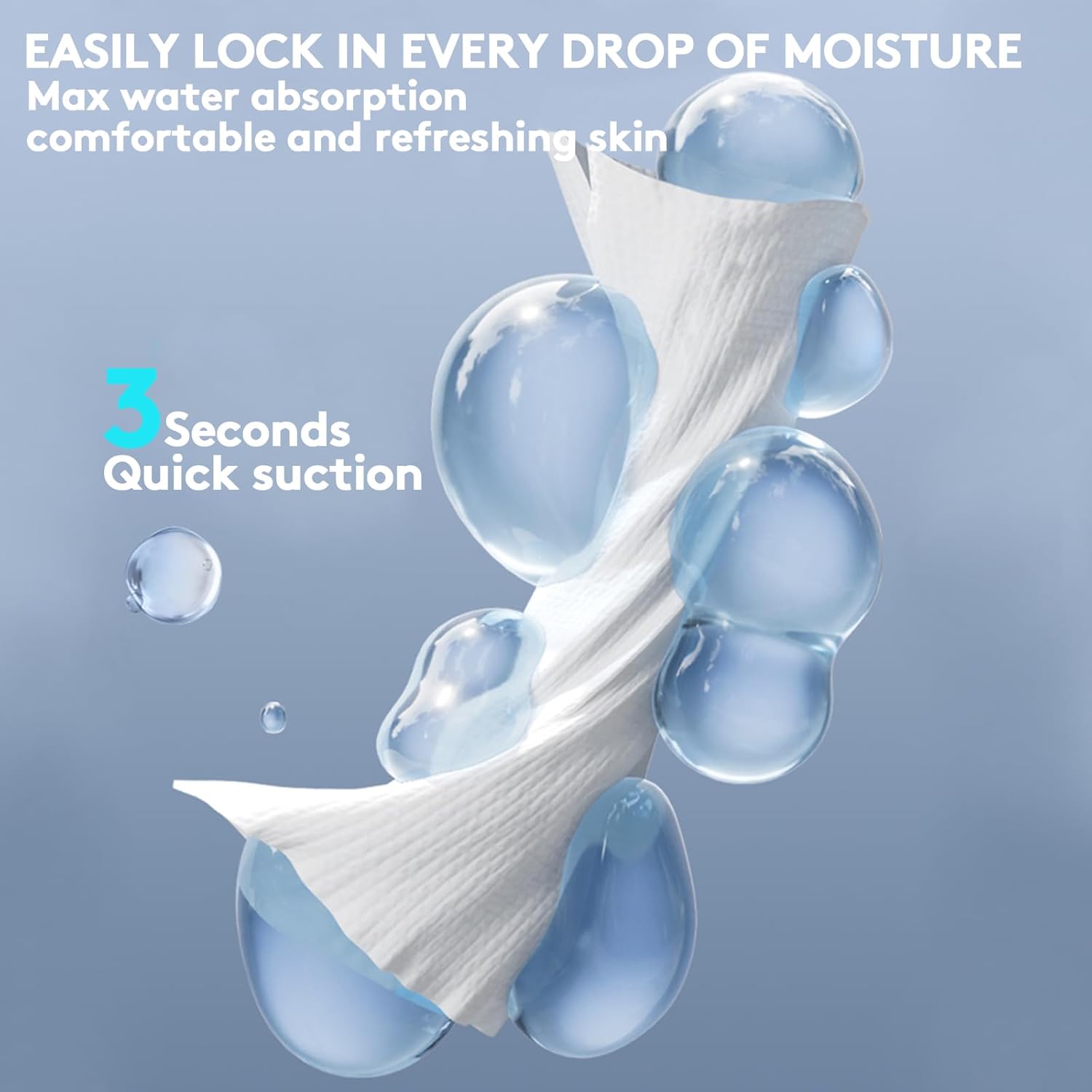 Highlights the product's ability to quickly absorb moisture, providing comfort and refreshing skin.