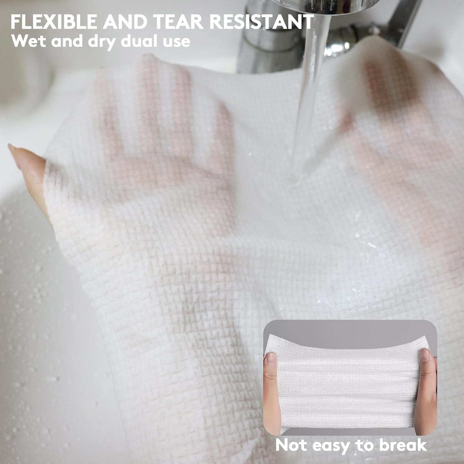 Highlights the product's durability and versatility for both wet and dry use, emphasizing its resistance to tearing.