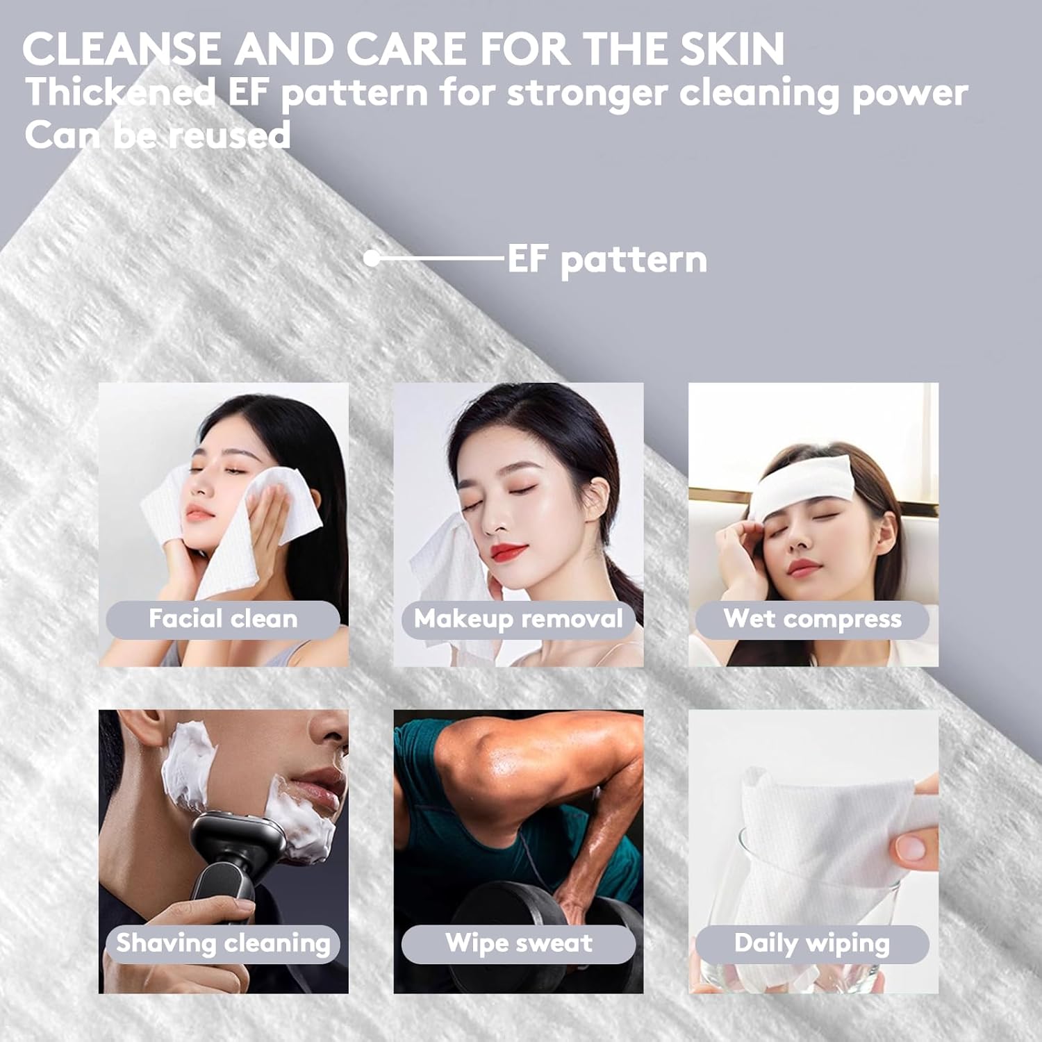 Demonstrates the versatility of the product by showing multiple use cases for skin care and cleansing.