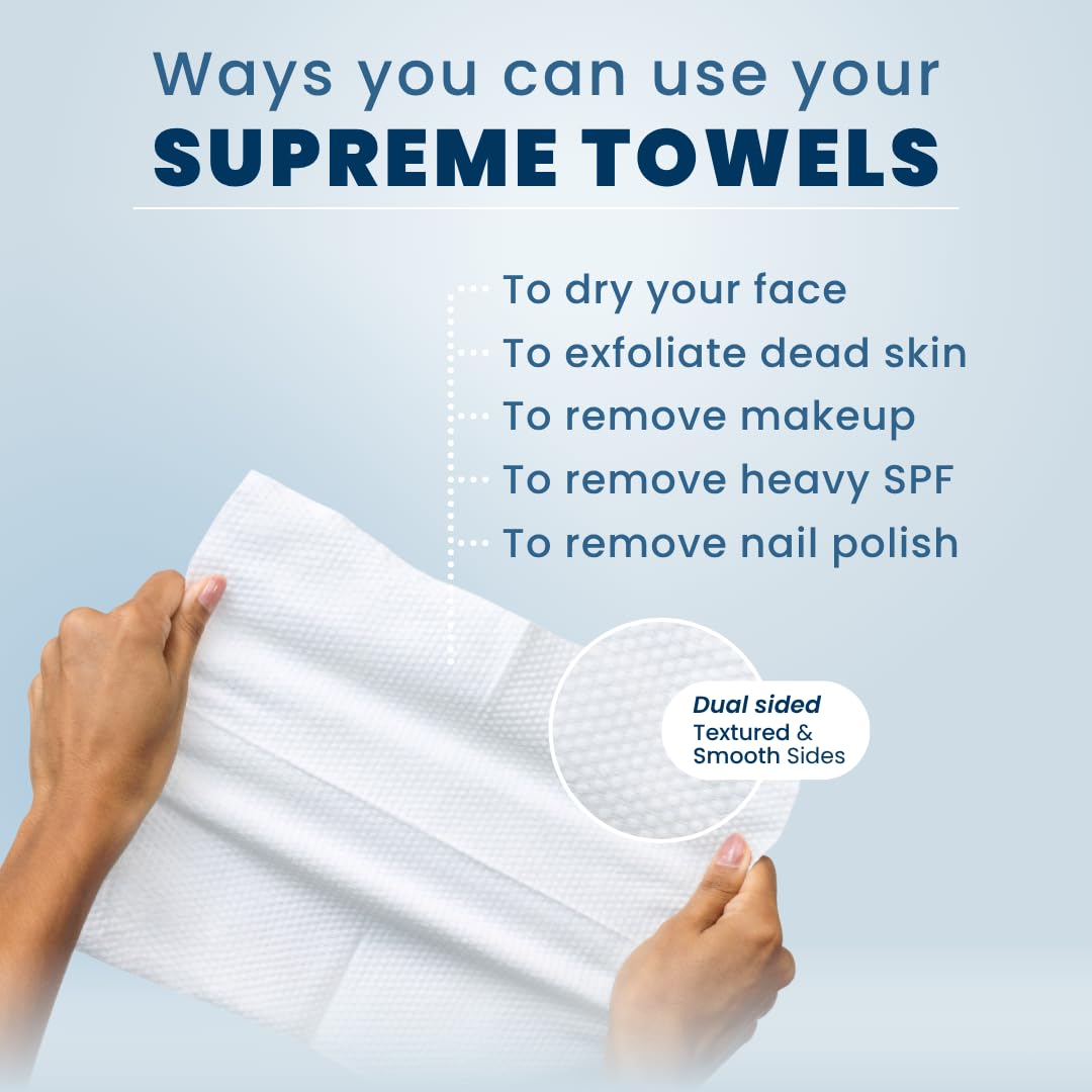 Demonstrates the versatility of the Supreme Towels by showcasing various ways they can be used for skincare and beauty routines.