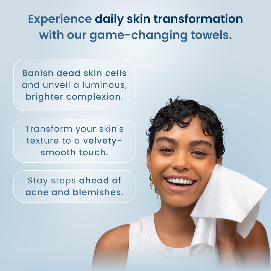 Highlights multiple benefits of the towels for skin care, including removing dead skin cells, improving texture, and preventing acne.