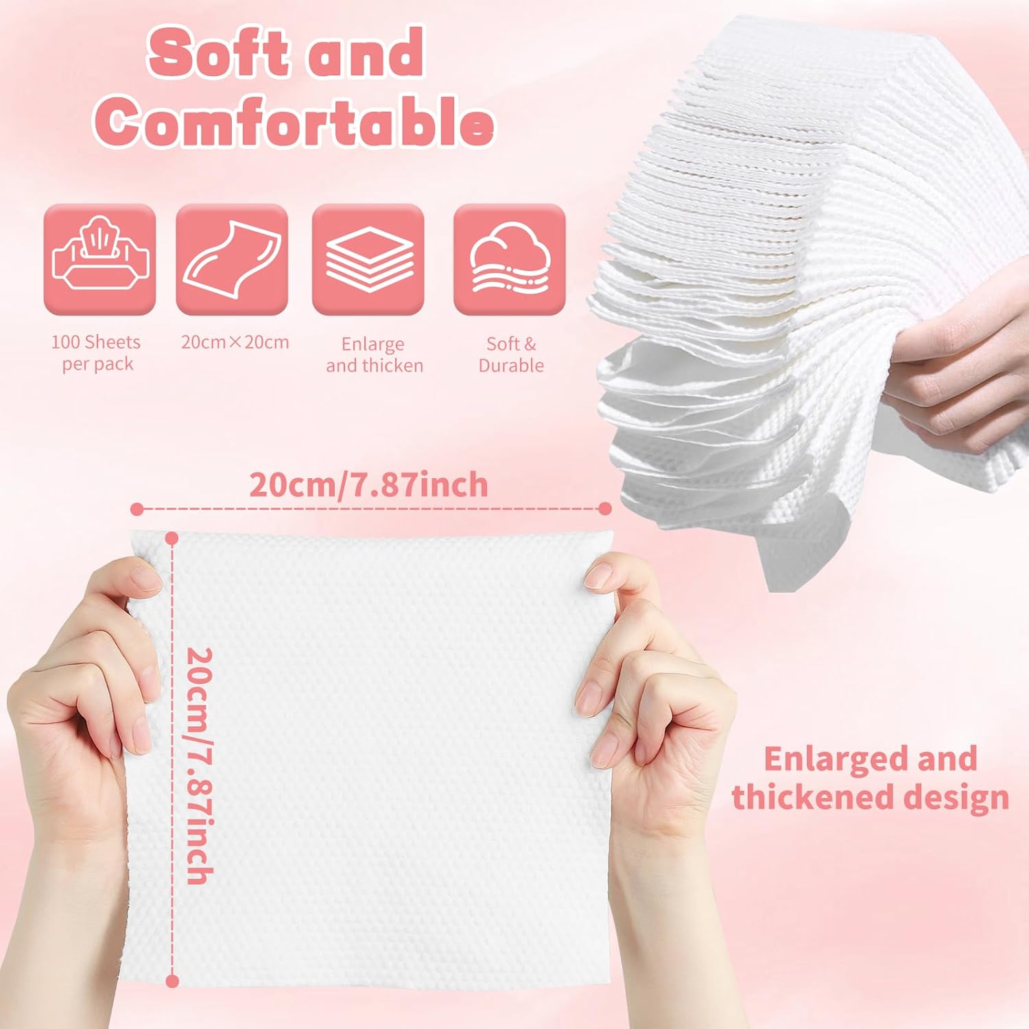 Highlights multiple key features of the product to demonstrate its comfort and quality, including softness, size, and thickness.
