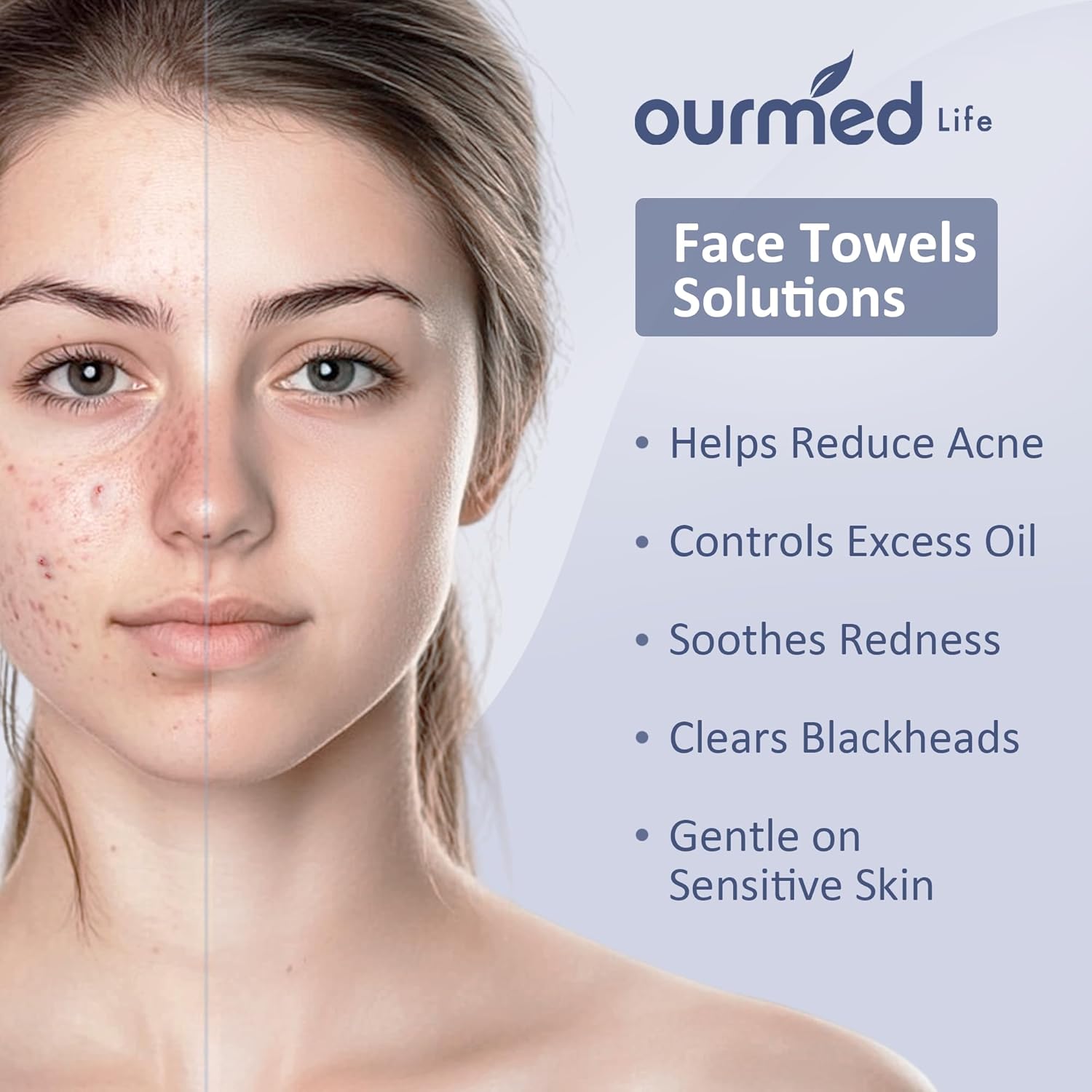 Demonstrates the effectiveness of the face towels in improving skin condition, particularly in reducing acne and redness. Highlights multiple benefits of the face towels to show their comprehensive…